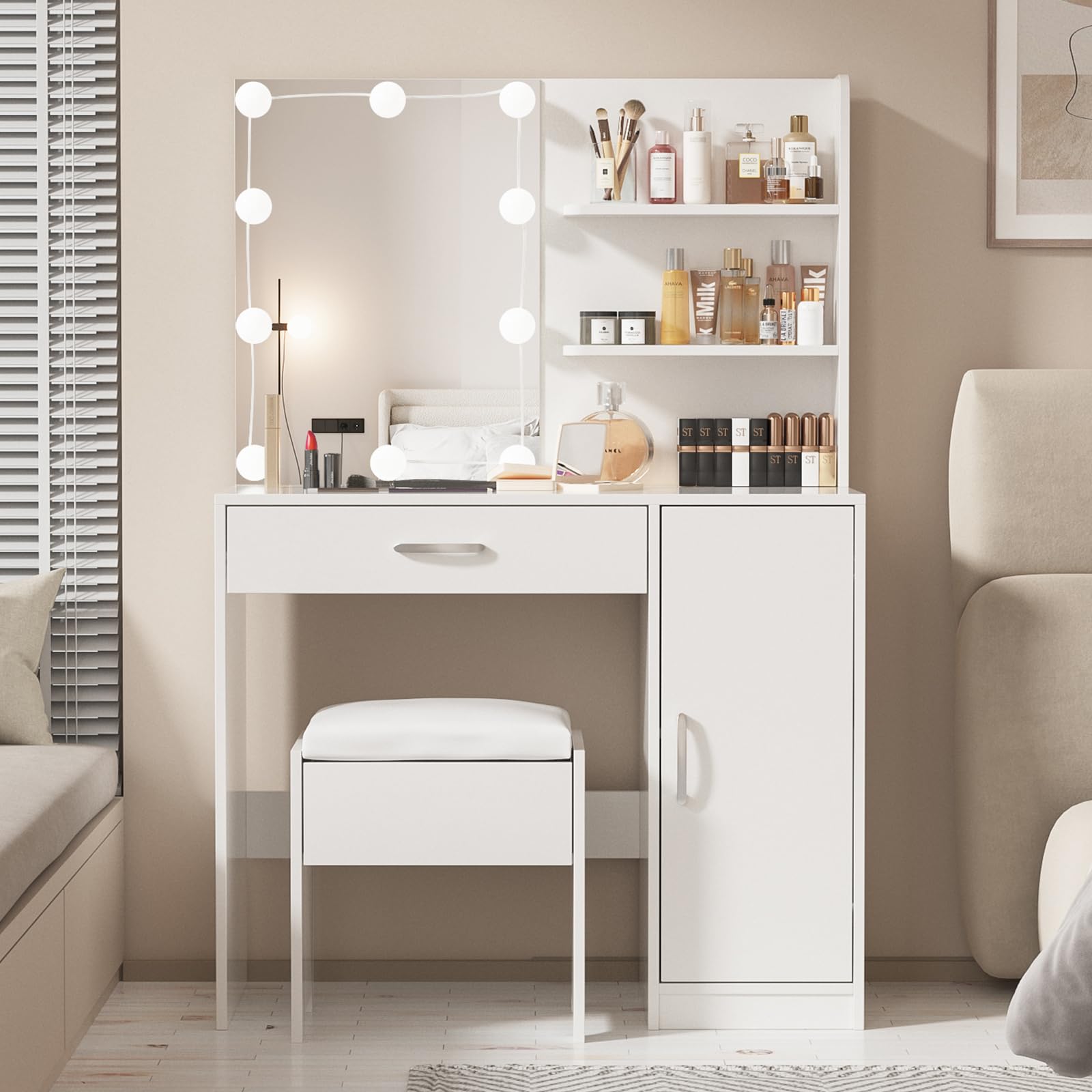 Professional Makeup Vanity with LED Lights - Adjustable Brightness & 3 Lighting Modes, Large Mirror & Storage Drawers - White Dressing Table for Bedroom | Perfect for Beauty Routines & Home Decor