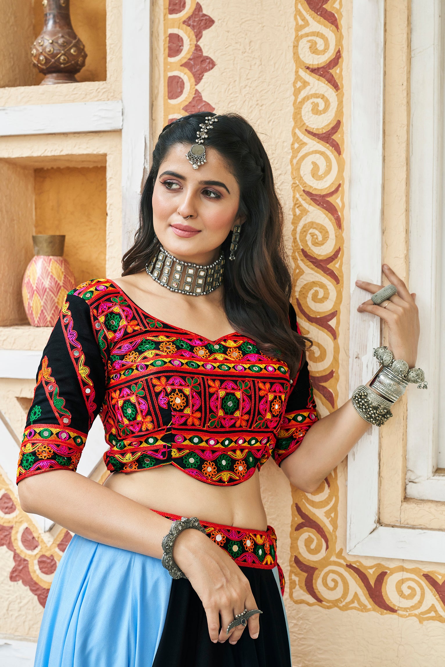 Black and Red Embroidered Rayon Navratri Lehenga Choli (D564) - Traditional Indian Dance Costume for Festivals, Weddings & Cultural Performances