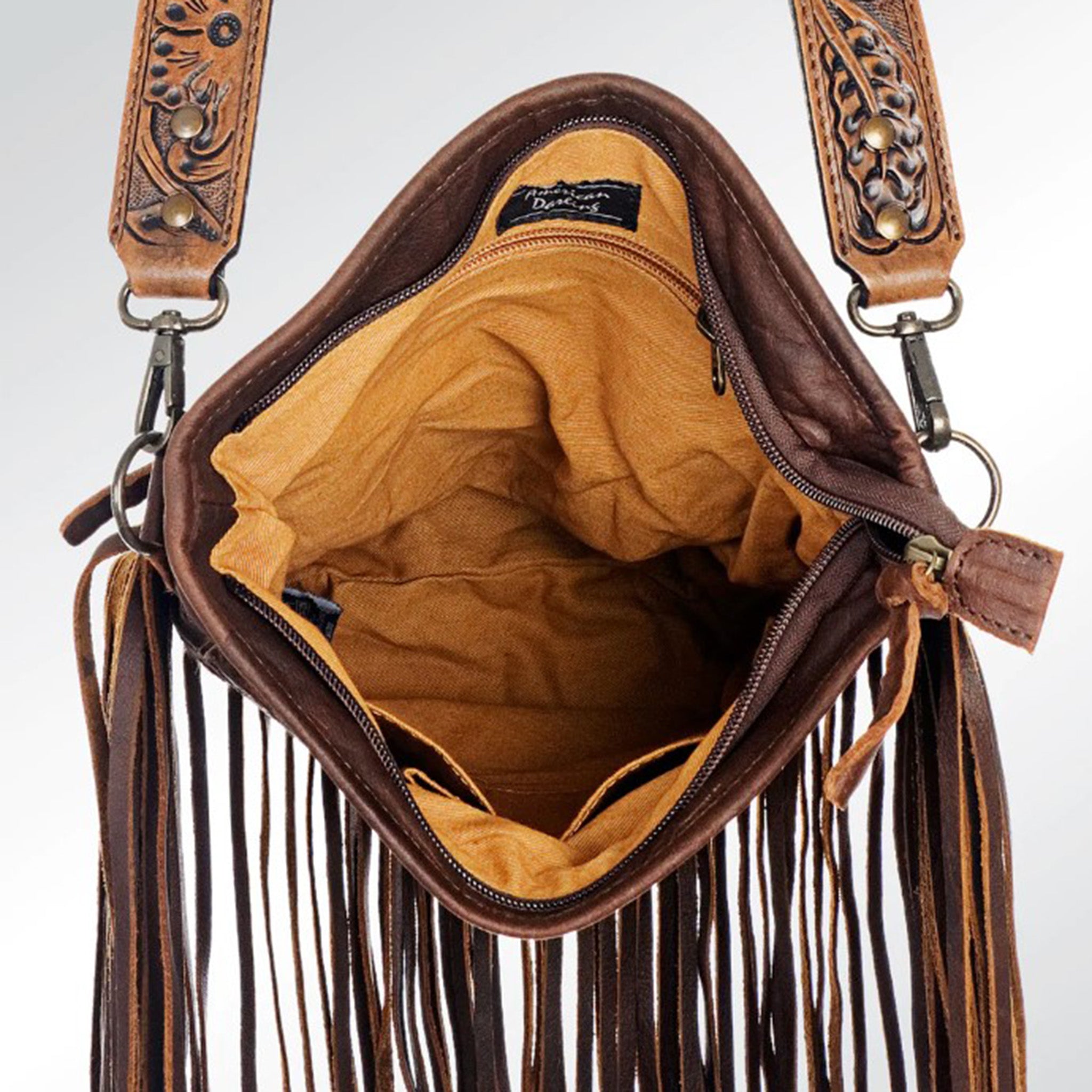 American Darling Conceal Carry Brown Tooled Leather Fringe Crossbody Bag - Perfect for Everyday Use, Travel & Concealed Carry