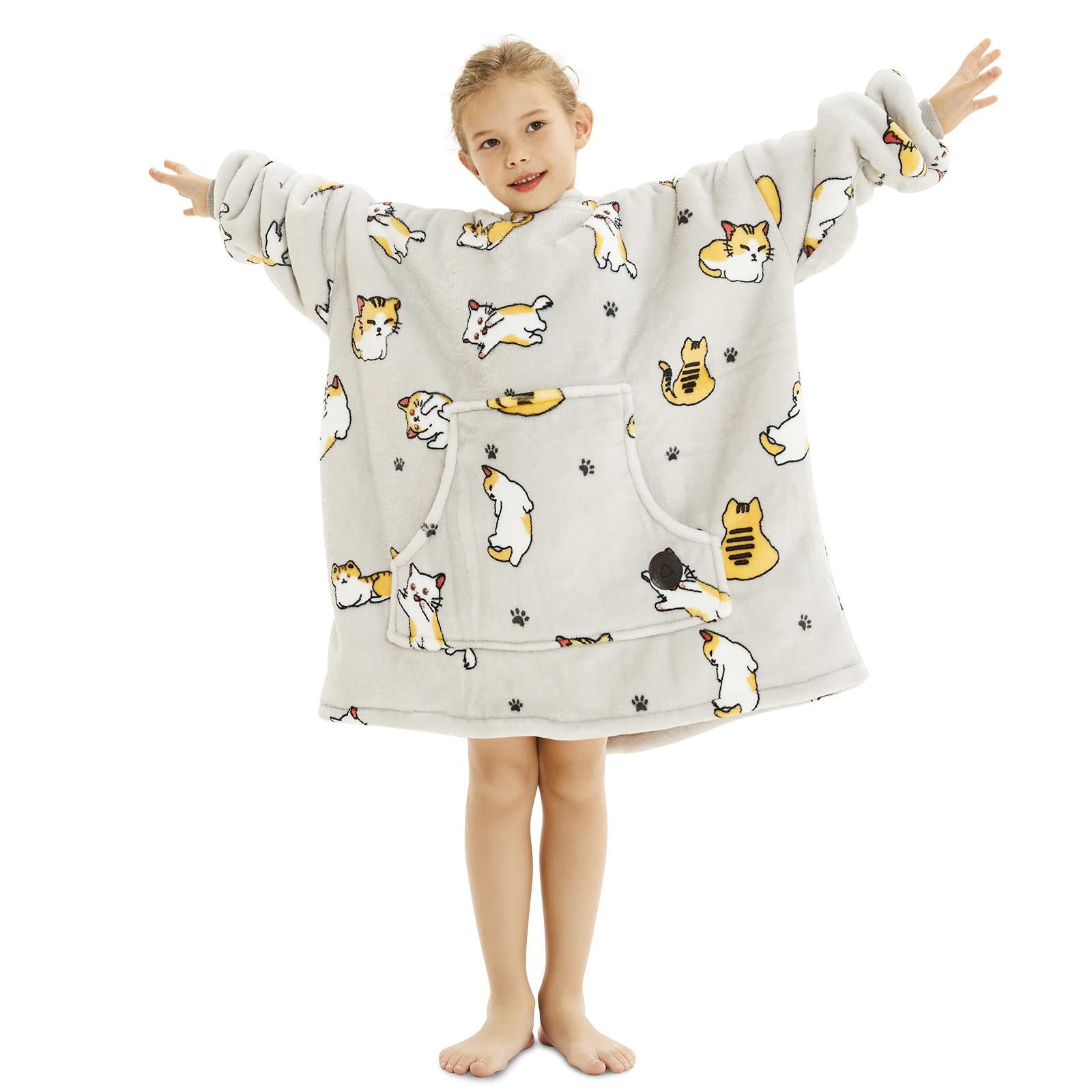 THREE POODLE Kids Wearable Blanket Hoodie - Oversized Sherpa Sweatshirt with Giant Hood | Warm & Cozy Cat Hooded Blanket for Boys & Girls | Perfect for Lounging, Sleepovers & Winter Snuggles