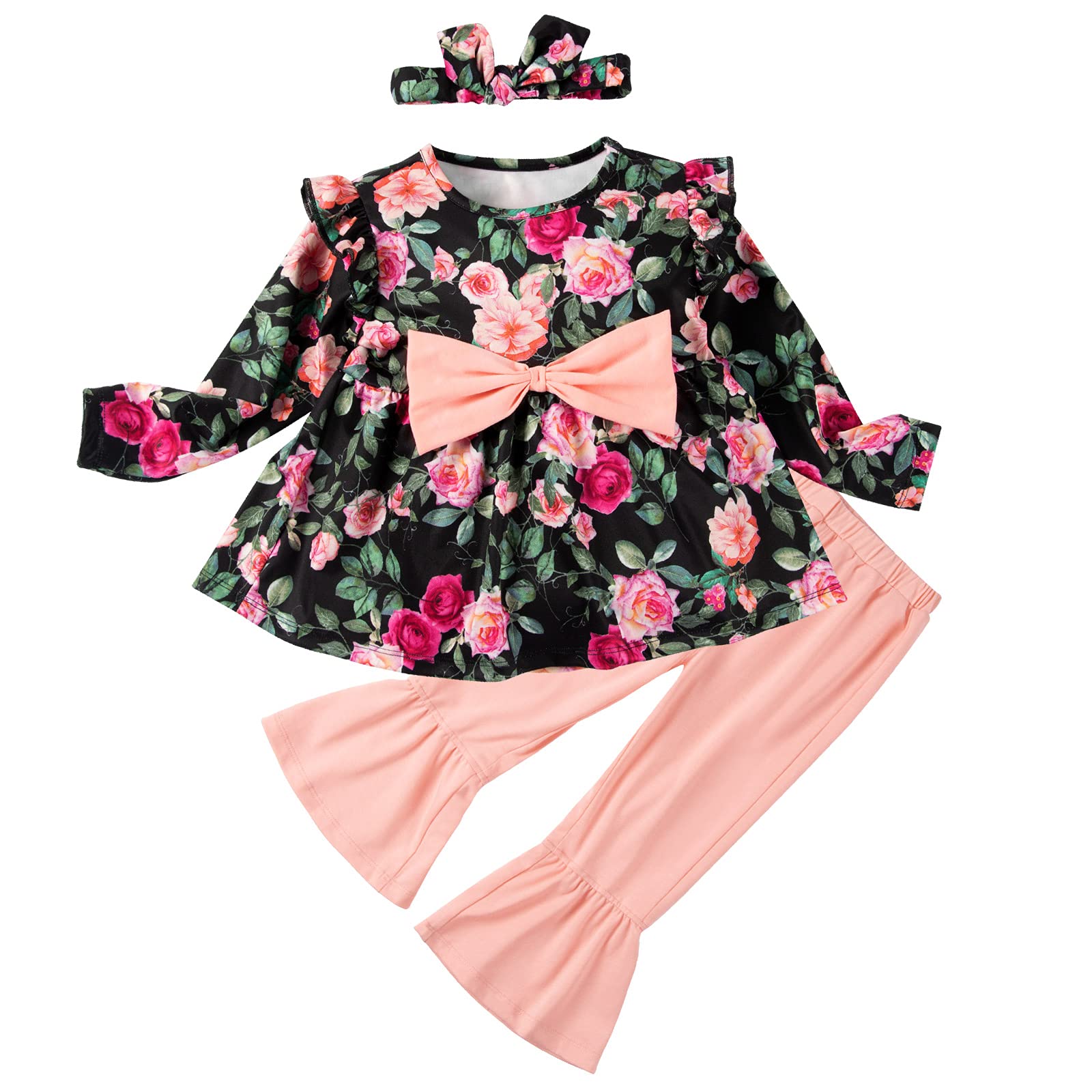 Toddler Baby Girl Outfit Set - Long Sleeve Ruffle Top & Floral Pants with Headband | Fall Winter Clothes | Soft Cotton Dressy Playwear for Holidays & Family Photos