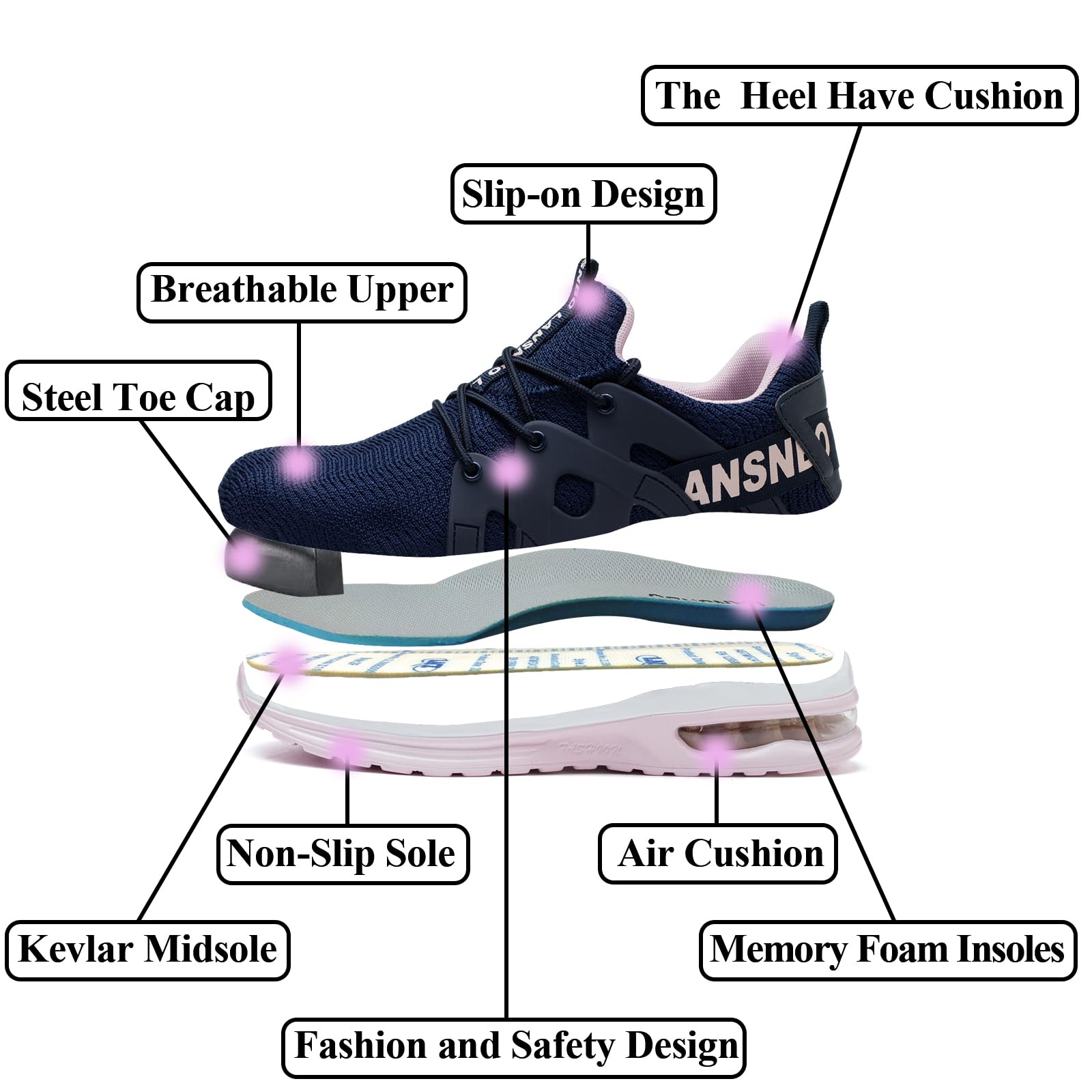 Indestructible Steel Toe Shoes for Women - Lightweight Safety Work Sneakers with Air Cushion & Breathable Design | Puncture Proof, Slip Resistant Composite Toe Footwear | Perfect for Construction, Warehouse & Industrial Work