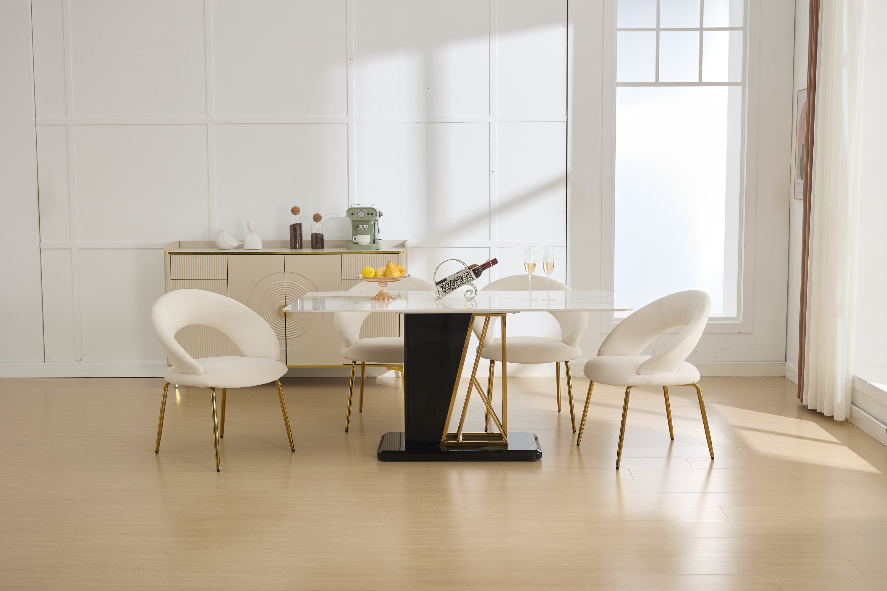 Velvet Dining Chairs Set of 1 - White Upholstered Kitchen Chairs with Curved Backrest & Gold Metal Legs for Dining Room, Restaurant or Home Decor