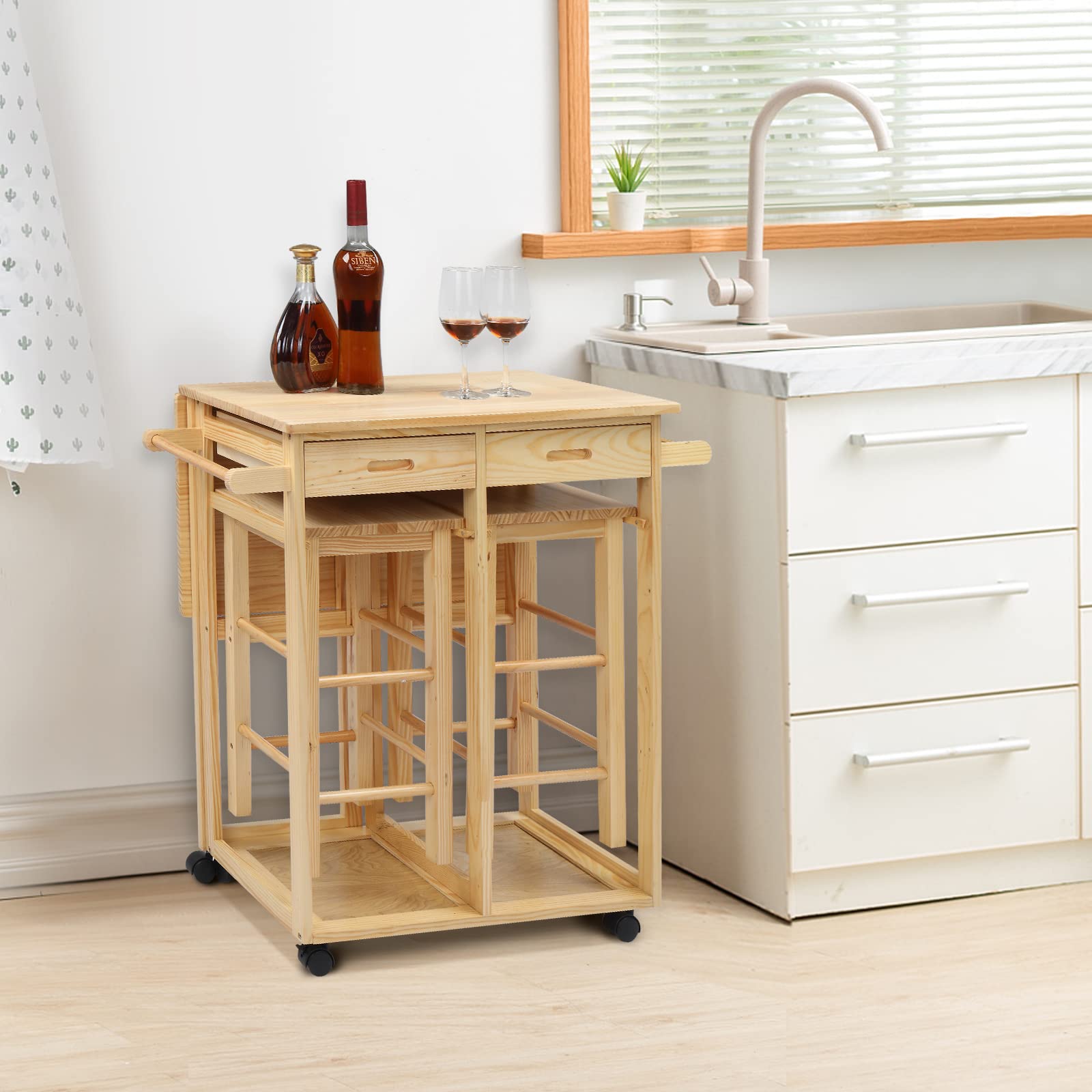 FCH Solid Wood Drop Leaf Kitchen Table with 2 Square Stools & 2 Drawers - Space-Saving Breakfast Bar, Dining Island Cart for Small Apartments & Compact Kitchens