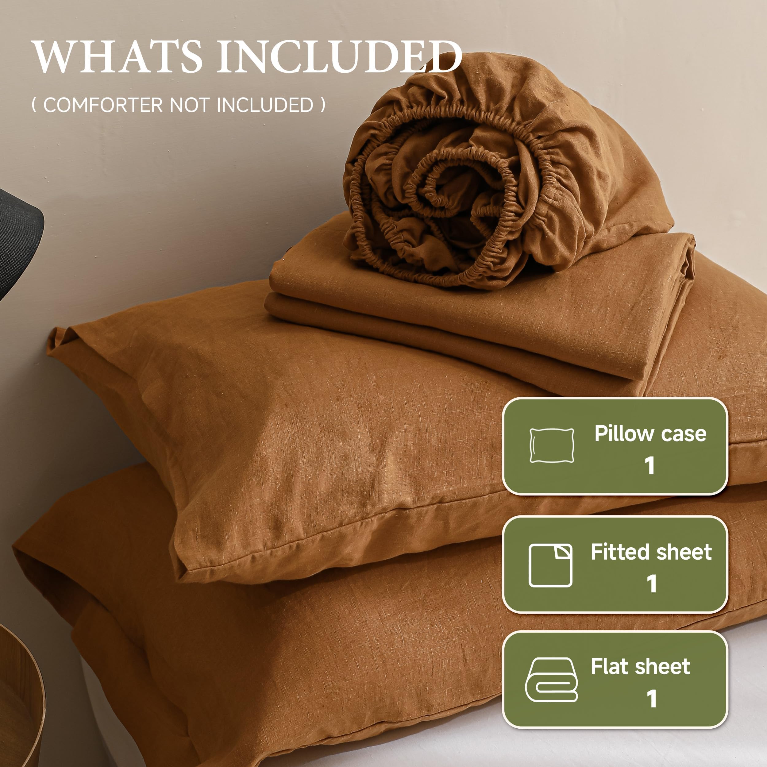 Premium 100% French Linen Sheet Set - Twin Size 3-Piece (Rust Color) | Natural Breathable & Durable All-Season Bedding | Soft Luxury Linen Sheets for Bedroom, Guest Room & Vacation Homes