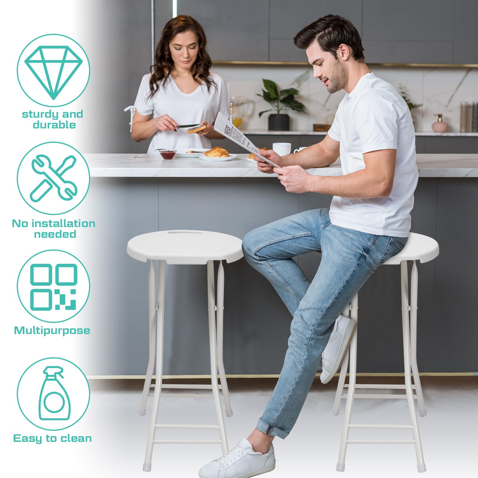 Suzile 2 Pack 24 Inch Folding Stool Chairs - Heavy Duty Portable Plastic Bar Stools with Handle for Adults, 300lbs Capacity - Perfect for Kitchen Counter, Home, Camping, Indoor & Outdoor Use (White)