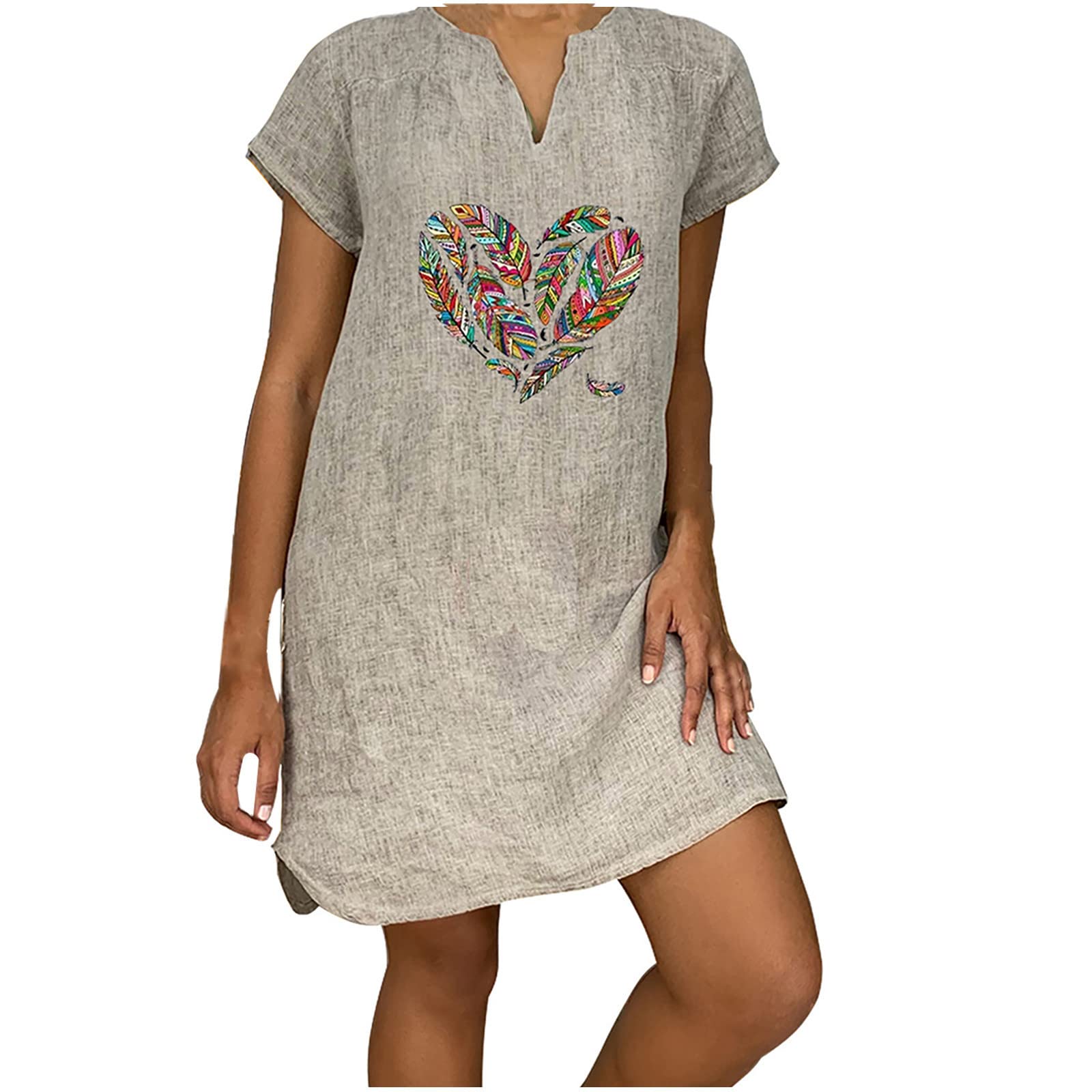 Women's Beach Dresses - Heart & Butterfly Print Short Sleeve V-Neck Mini Shift Dress for Summer Vacation, Casual Outings & Tropical Getaways