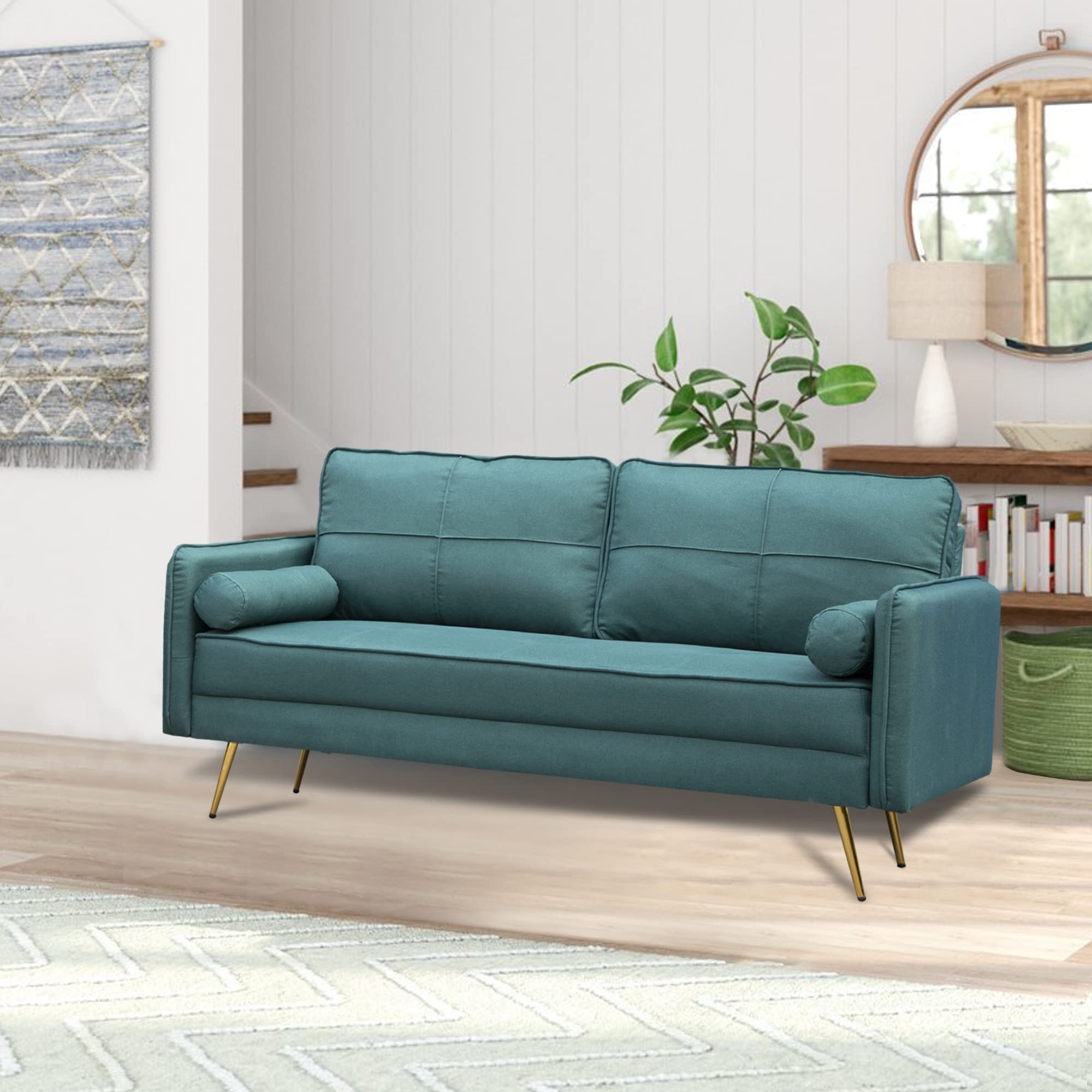 Luxury Modern Velvet Sofa Tufted Couch with Bolsters & Metal Legs - Green Upholstered Loveseat for Living Room, Bedroom, Apartment | Cozy Seating for Relaxing, Entertaining & Small Space Decor