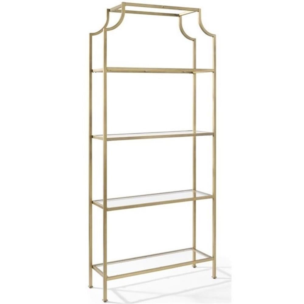 Pemberly Row 4-Shelf Narrow Glass Bookcase in Antique Gold - Perfect for Living Room, Office & Bedroom Storage & Display