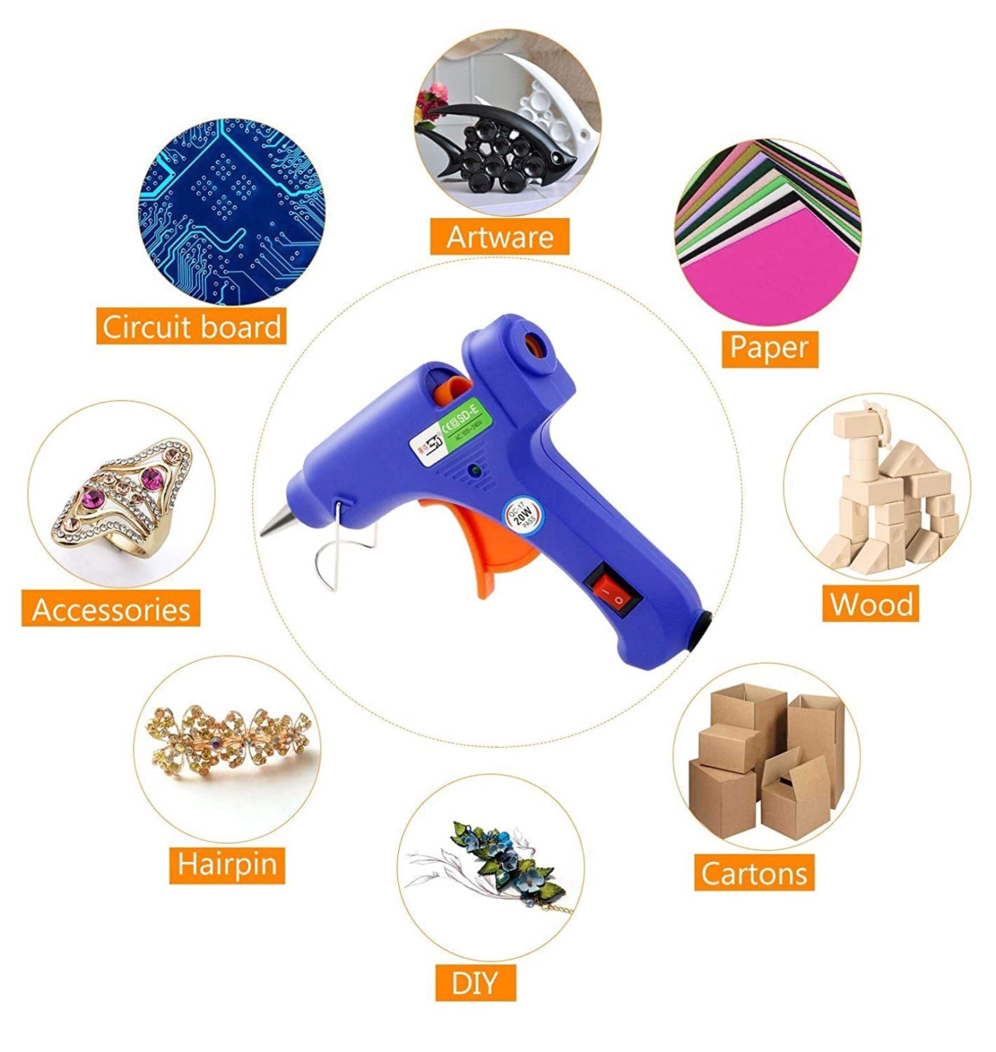 A.S Enterprises 20W 7mm Hot Melt Glue Gun with ON/OFF Switch & LED Indicator - Corded Electric Glue Gun in Blue/Black (Includes 10 Free Transparent Glue Sticks) for DIY Crafts, Home Repairs, Woodworking, and School Projects