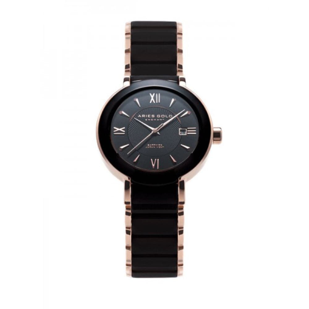 ARIES GOLD ENCHANT LUMINA Rose Gold Black Ceramic Women's Watch - Elegant & Stylish Timepiece for Everyday Wear, Office & Special Occasions