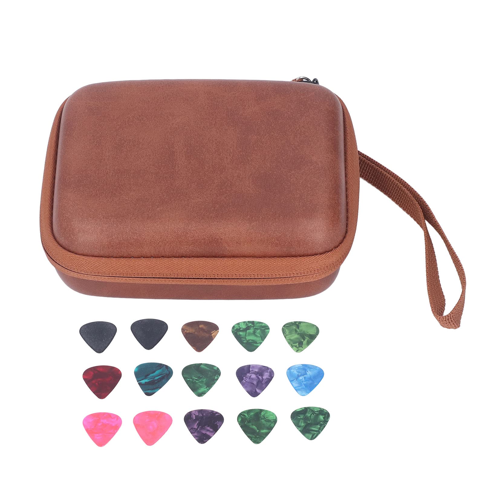 Premium Guitar Pick Bag Set - Celluloid Picks Storage Pouch Holder Case with 15 Pcs Guitar Picks | Brown Guitar Instrument Accessories for Musicians & Travel
