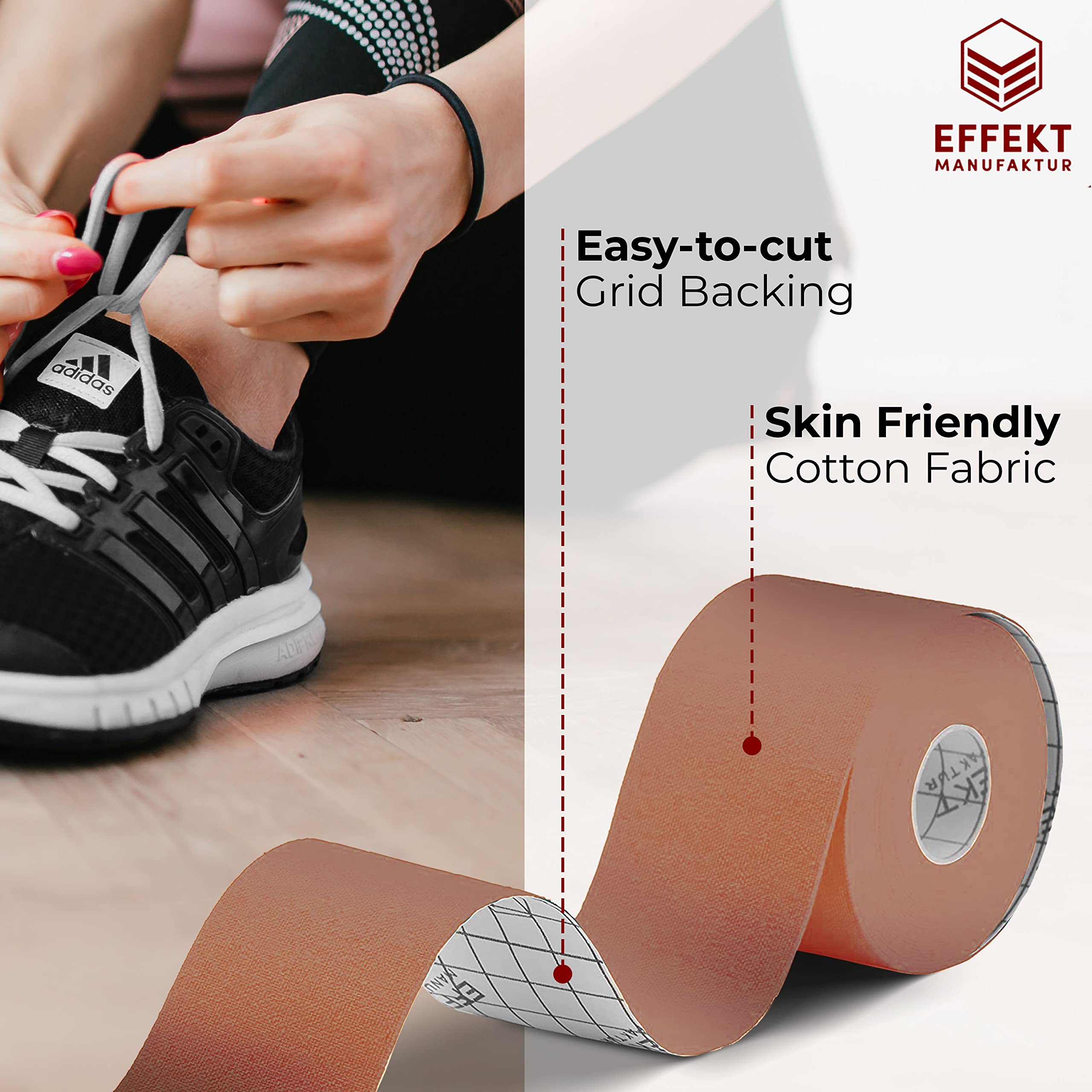**Effekt Kinesiology Tape Waterproof 16 ft x 2 in, 2 Rolls - Elastic Physio Tape for Muscle Support & Injury Recovery, Durable Kinesthetic Tape (Beige) – Ideal for Sports, Workouts & Pain Relief**