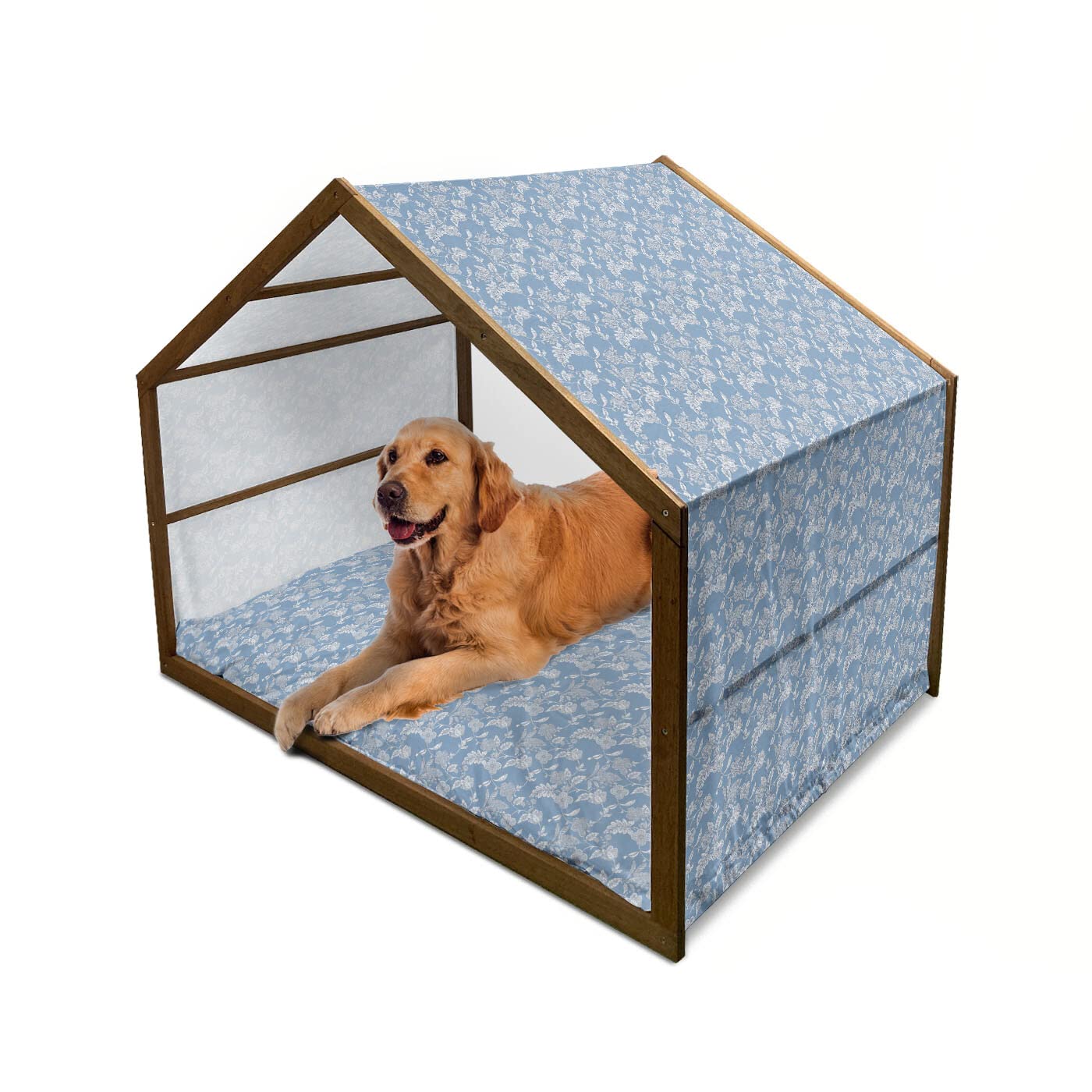 Ambesonne Vintage Style Blue and White Wooden Dog House - Floral Garden Flowers Pattern, Indoor & Outdoor Portable Pet Kennel with Pillow & Cover, 2X-Large - Perfect for Backyard, Patio or Home Decor