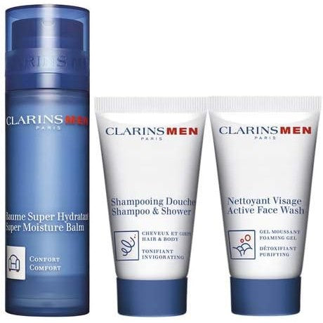 Clarins Men's Skincare Set - Super Moisture Balm 50ml + Shampoo & Shower Gel 30ml + Active Face Wash 30ml - Daily Hydration & Cleansing Routine for Men