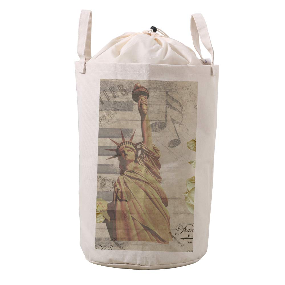Premium Cotton & Linen Laundry Bag - Waterproof Drawstring Storage Bag with Statue of Liberty Print | Ideal for Travel, Gym & Home Organization
