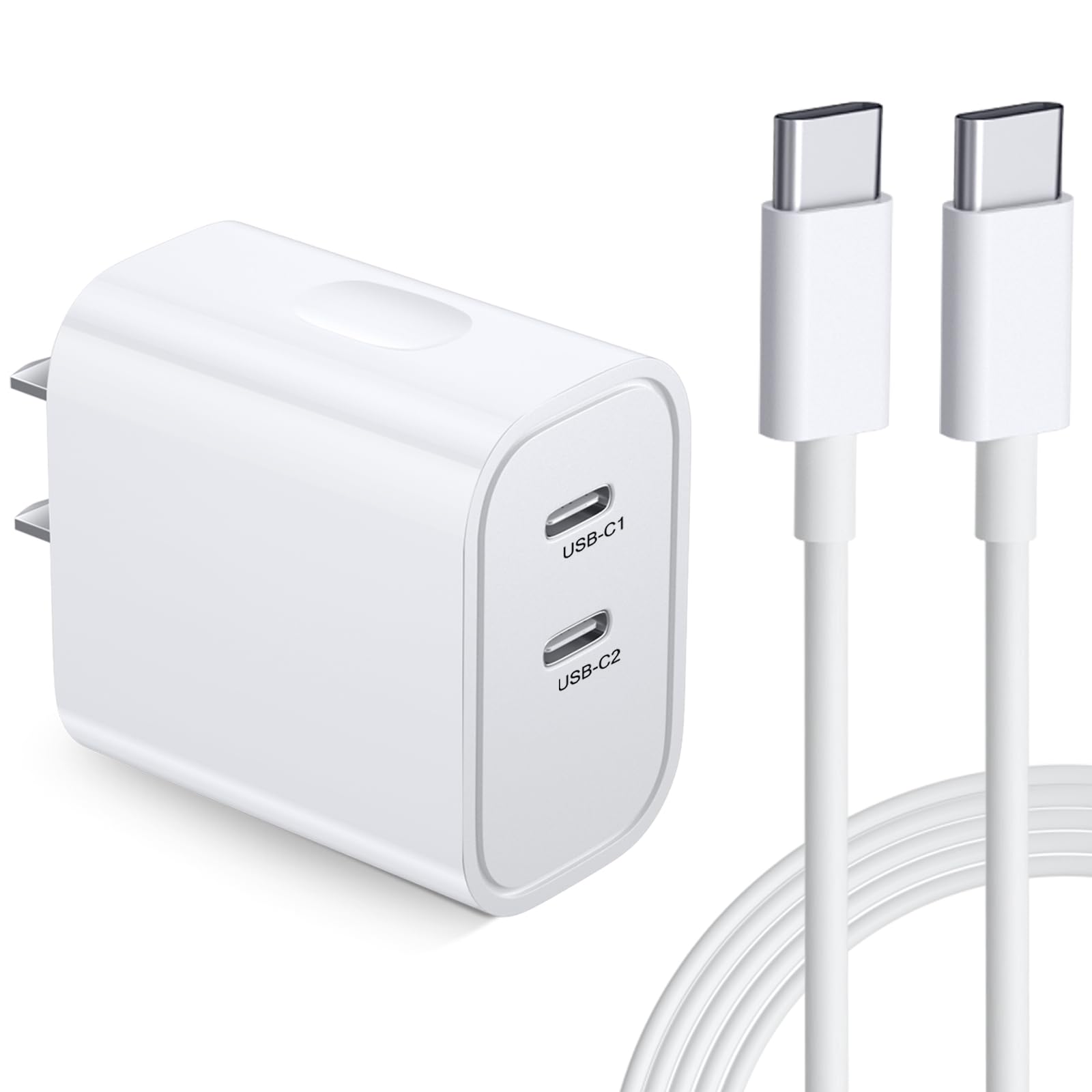 20W Dual Port USB C Fast Charger Block with 6FT USB C to C Cable - PD Compatible Wall Adapter for iPhone 16/15 Pro Max/Plus, iPad Pro, Pixel 8/7 - White | Perfect for Home, Office & Travel Charging