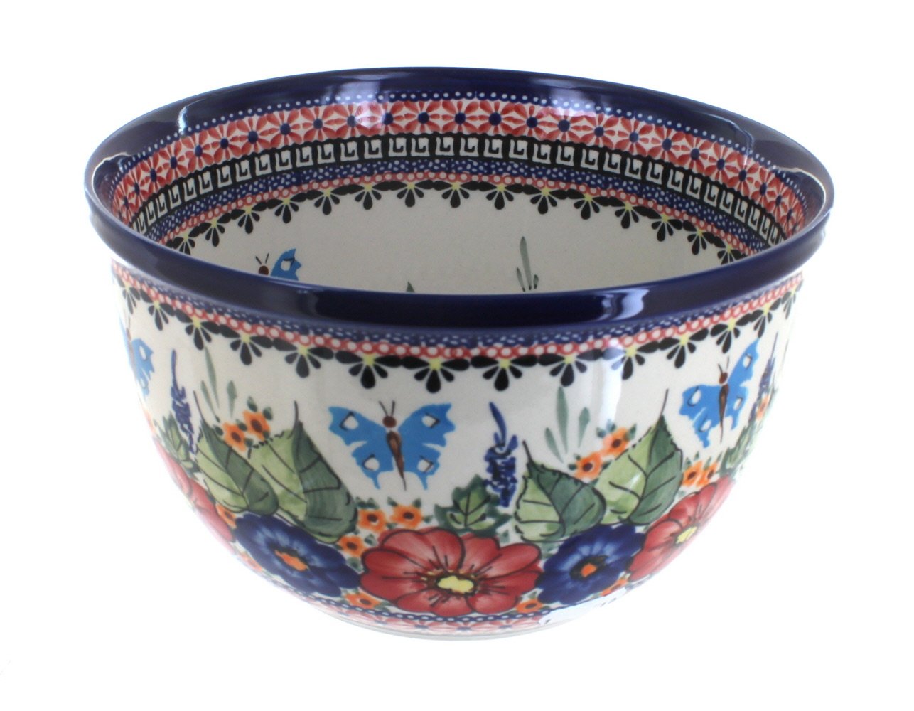 Handmade Blue Rose Polish Pottery Mixing Bowl with Floral Butterfly Design - Medium Size for Baking, Serving & Kitchen Decor