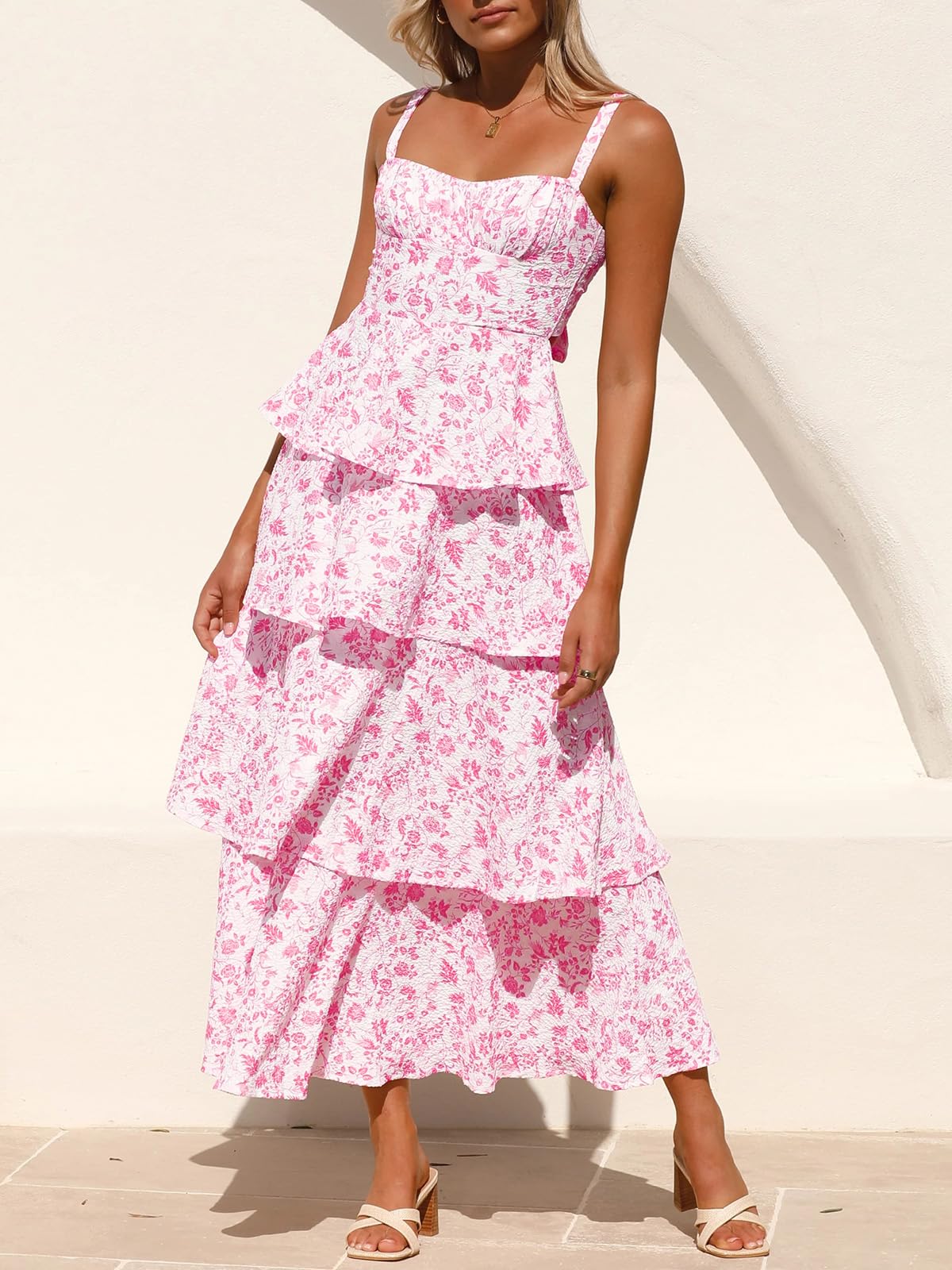 Fisoew Women's Floral Maxi Dress - Spaghetti Strap, Sleeveless, Ruffle & Tiered Summer Dress for Beach, Vacation & Casual Wear