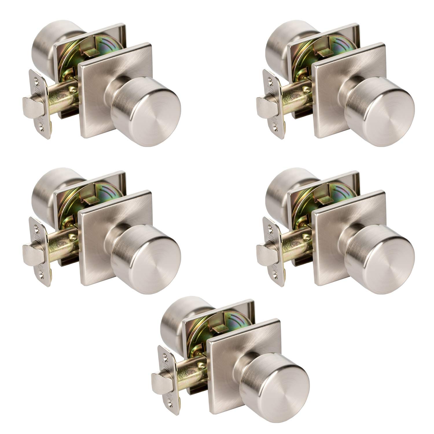 Burton PRO 5-Pack Modern Designer Door Knobs - Satin Nickel Finish, Square Rose, Flat Hall & Closet Passage - Perfect for Home, Office & Interior Renovation Projects