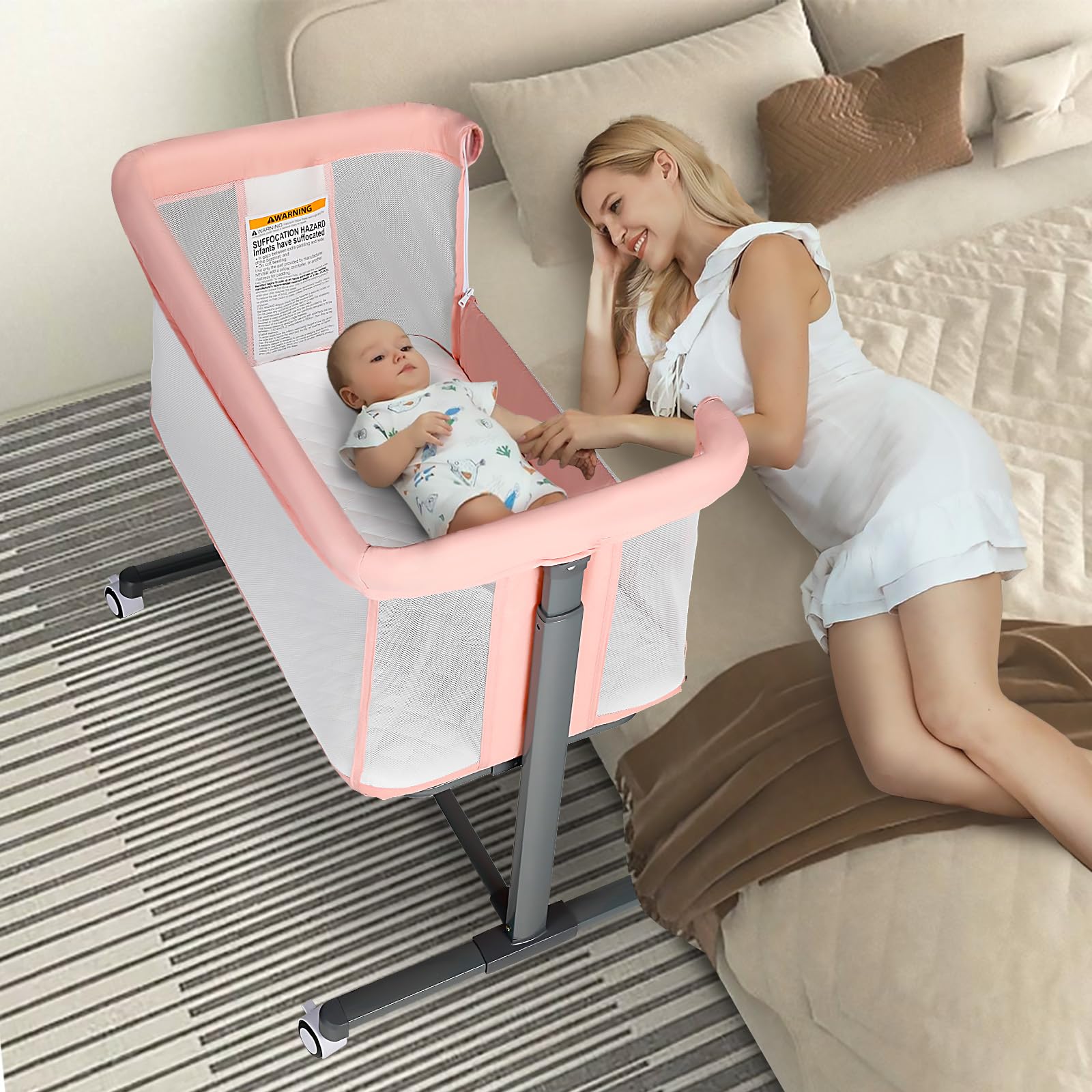 Kinder King Baby Bassinet with Wheels - Portable Folding Newborn Bedside Sleeper | Breathable Mesh Infant Crib | Adjustable Height & Angle | Removable Soft Mattress | Easy No-Tool Assembly (Pink) - Perfect for Nursery, Bedroom & Travel Use