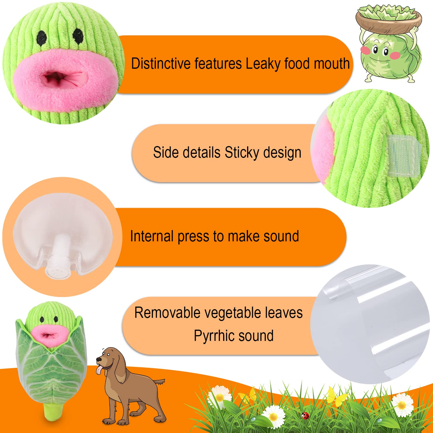 Interactive Dog Toys 2-in-1 Squeaky Chew Toys - Soft & Durable Fabric for Small & Medium Dogs - No-Stuffing Vegetable Design (Cabbage) - Perfect for Indoor Play, Training & Anxiety Relief
