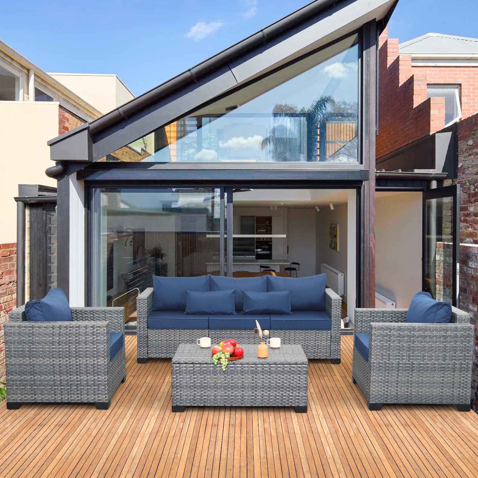 4-Piece Wicker Patio Furniture Set, Outdoor PE Rattan Sectional Sofa Conversation Set with Storage Coffee Table & Royal Blue Cushions - Perfect for Garden, Poolside, and Backyard Relaxation