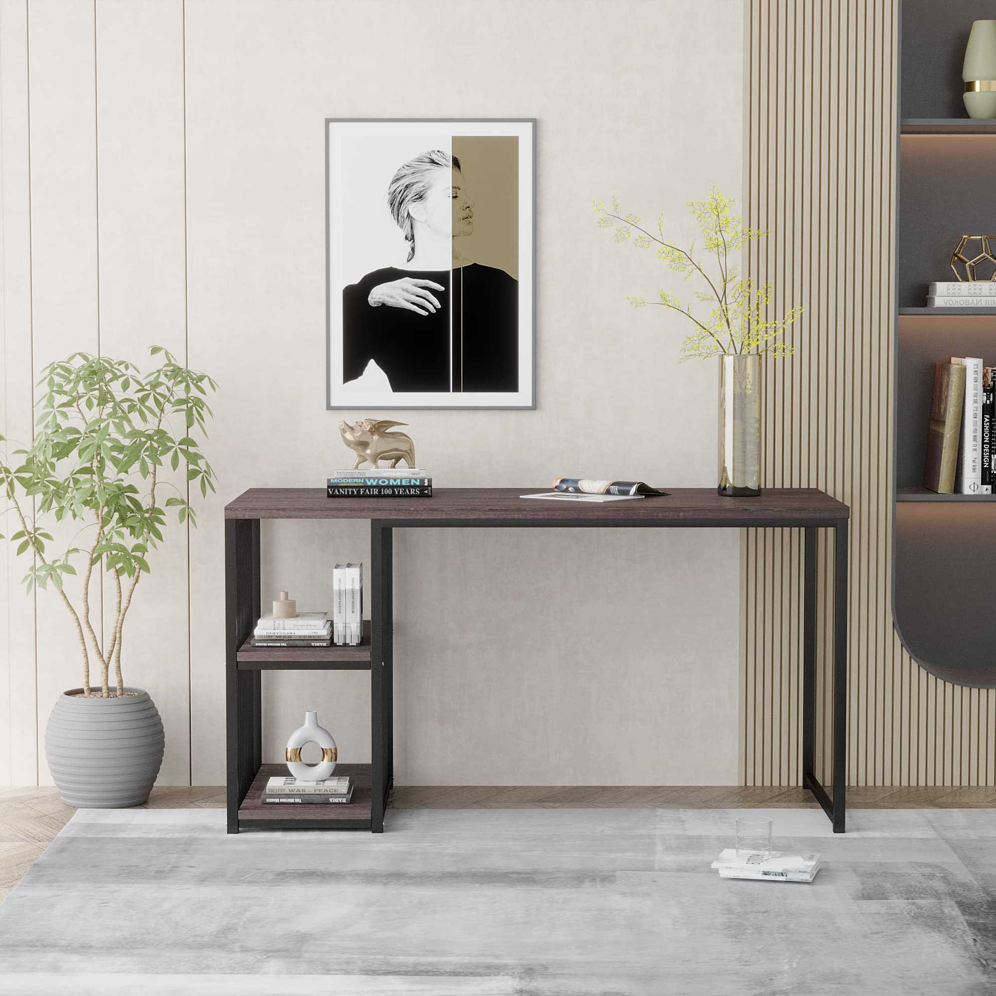 55 Inch Home Office Computer Desk with 2 Adjustable Storage Shelves | Sturdy Metal Frame Writing Desk | Easy Assembly for Small Spaces | Perfect for Remote Work & Study (Brown)