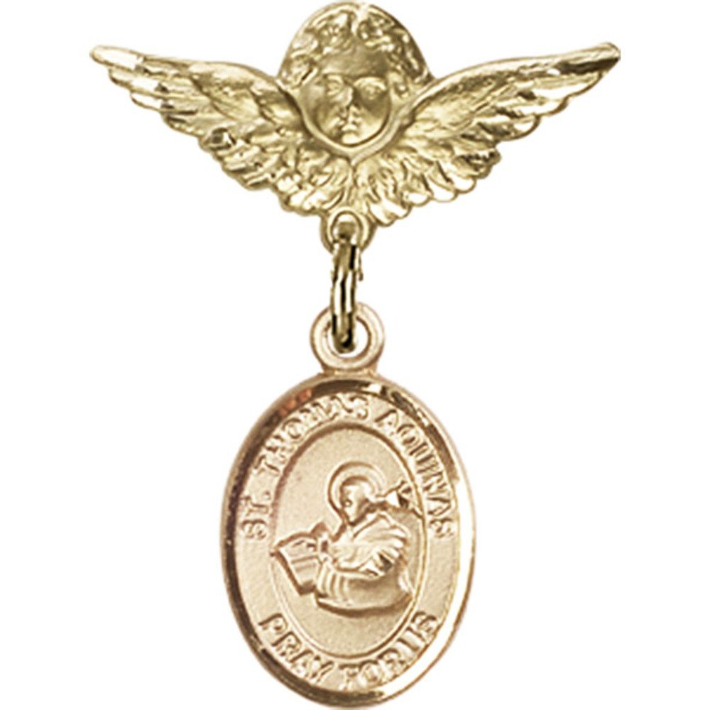 Gold Filled St. Thomas Aquinas Charm Baby Badge Pin with Angel Wings - 1 x 3/4 Inch - Perfect for Baptism Gifts, First Communion Jewelry & Religious Keepsakes
