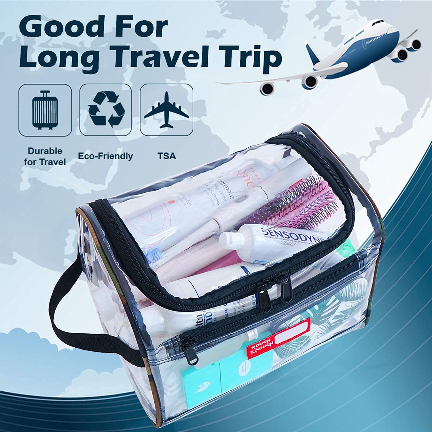 Clear Travel Toiletry Bag for Men & Women - Waterproof Cosmetic Organizer for Bathroom Essentials, Makeup, Shampoo - Perfect for Airplane Carry-On, Gym, Camping Trips