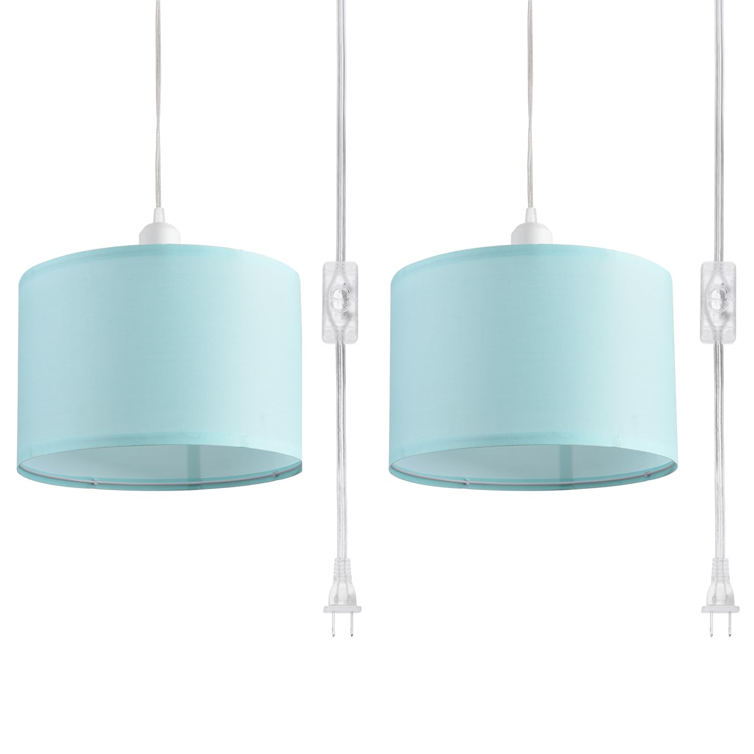 2 Pack Plug in Pendant Light with 15Ft Clear Cord & On/Off Switch - Blue Fabric Lamp Shade Hanging Light Fixture for Bedroom, Kitchen, Dining Room & Living Room - Perfect for Farmhouse Decor, Coffee Bars & Breakfast Nooks