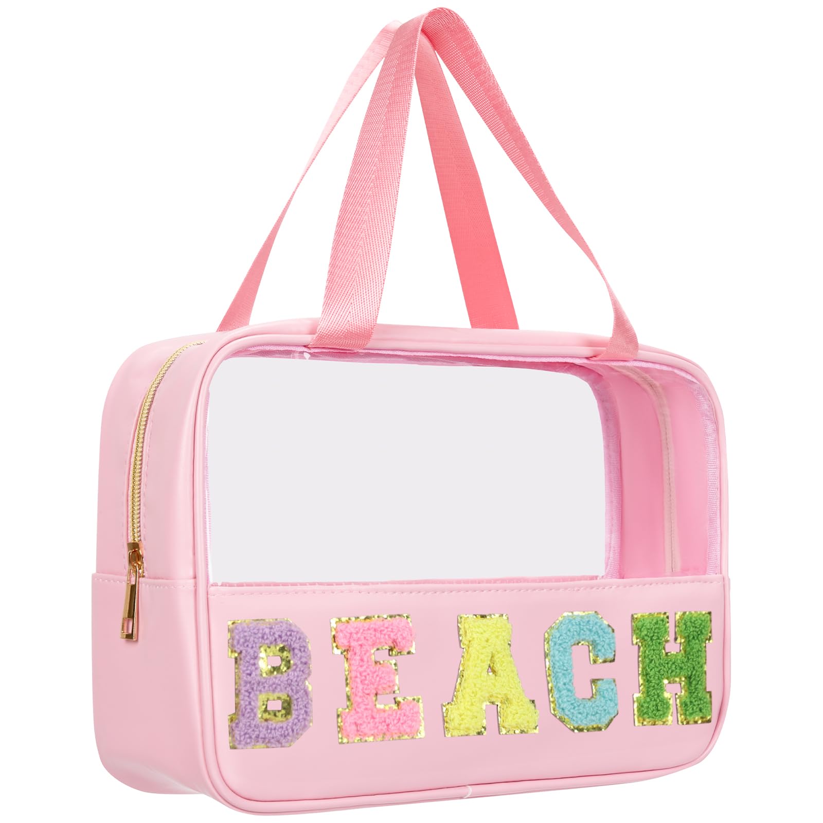 Chenille Letter Clear Beach Bag - Travel Toiletry Pouch for Sunscreen & Cosmetics (Rose) - Perfect for Vacation & Pool Days