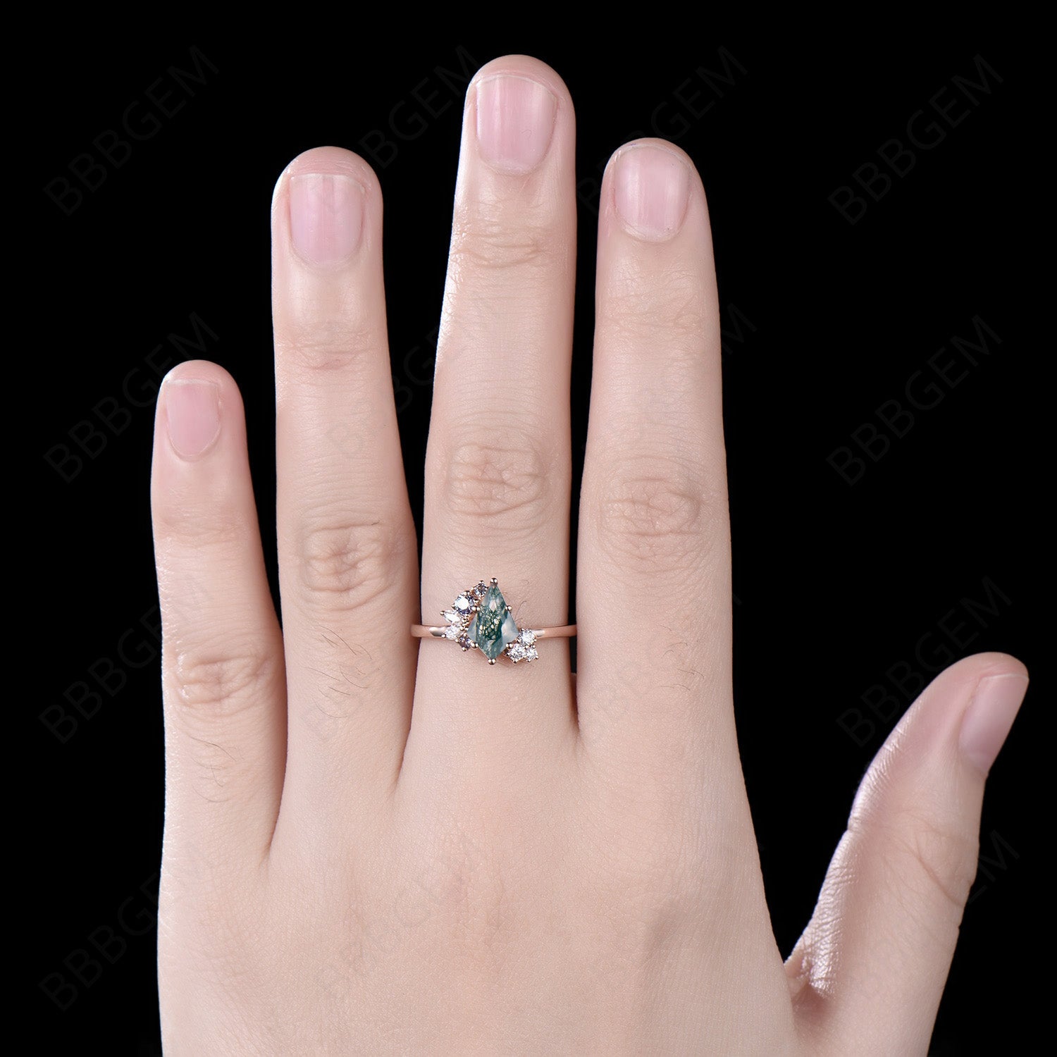 6x9mm Kite Cut Moss Agate Cluster Engagement Ring - 14k Rose Gold with Alexandrite & Moissanite Accents | Wedding Band, Promise Ring, Anniversary Gift for Her | Perfect for Proposals, Vow Renewals & Special Occasions