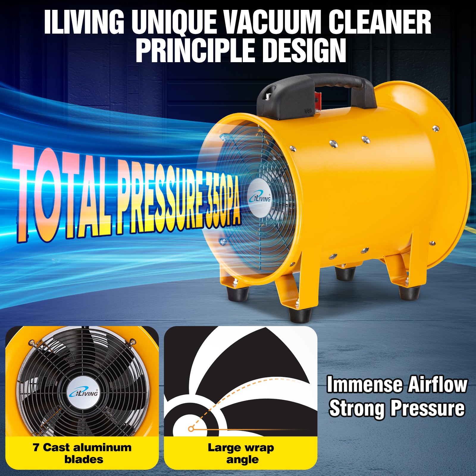 iLIVING ILG8VF10 10-Inch High Velocity Blower Fan - 1942 CFM, 3450 RPM - Portable Industrial Exhaust Fan for Workshop, Garage, Warehouse Ventilation | Fume Extractor & Air Ventilator for Home, Office, and Commercial Use