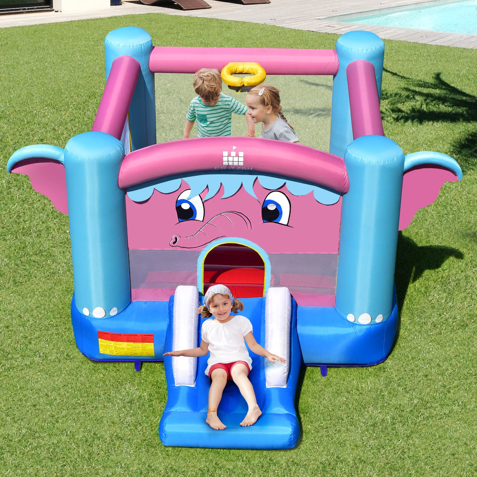 **Costzon Inflatable Bounce House for Kids - Elephant Theme Bouncy Castle with Basketball Rim, Indoor & Outdoor Play, Portable Toddler Jumping Toy for Backyard Birthday Parties & Family Fun**    *(Perfect for Birthday Celebrations, Backyard Playdates, and Outdoor Festivals!)*