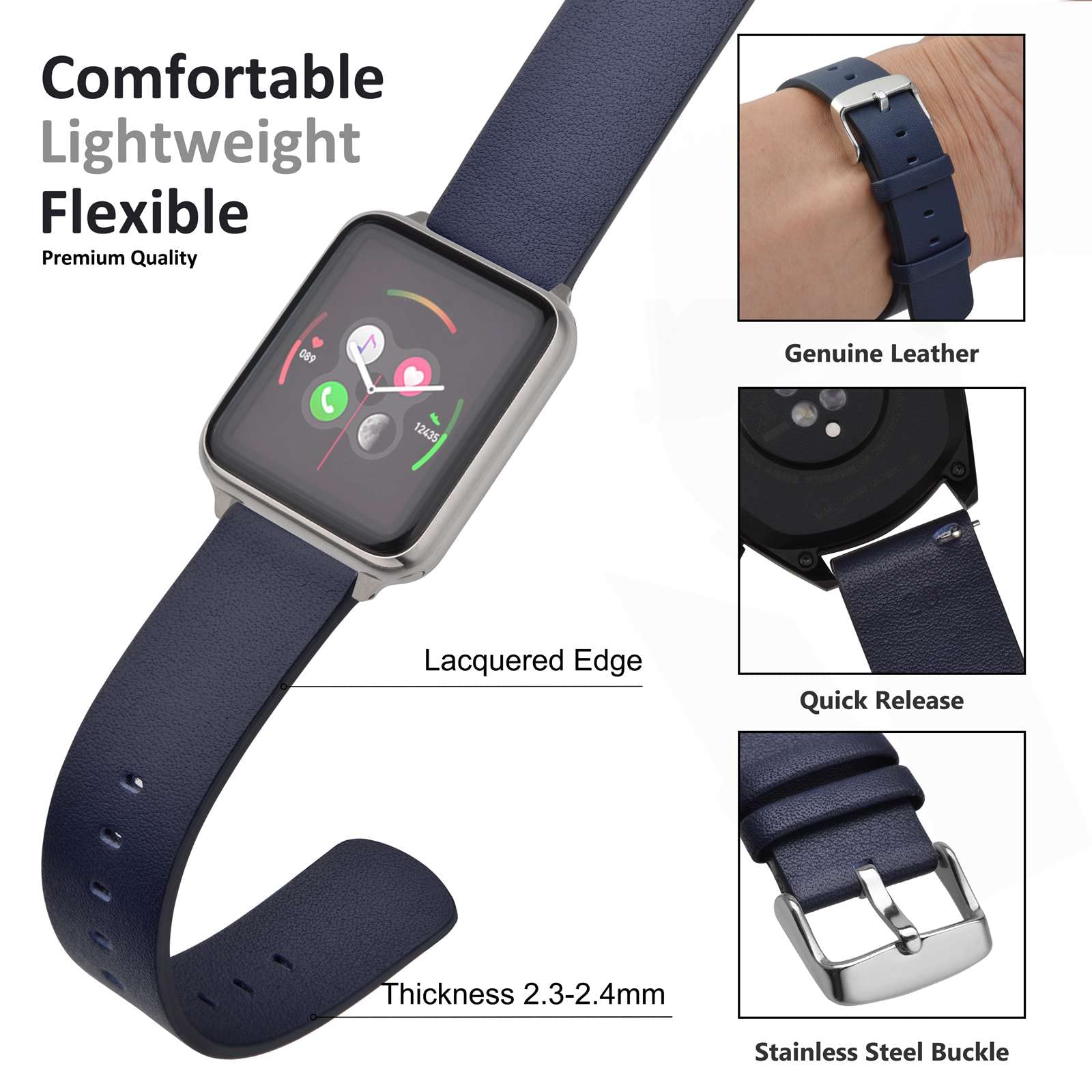 WOCCI 18mm Flexible Leather Watch Band for Smartwatch with Silver Buckle - Navy Blue Replacement Strap for Samsung Galaxy Watch, Fitbit & Wear OS - Perfect for Work, Gym & Casual Wear