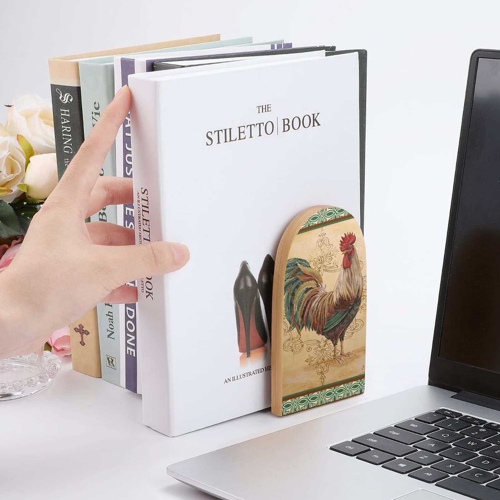 Decoupage Print Rooster Wooden Bookends - Handmade Desktop Book Stand & Books Holder for Home Office, Library, School, Study, Bedroom Decor - Perfect for Organizing Books, Displaying Collectibles, and Adding Farmhouse Charm to Any Room