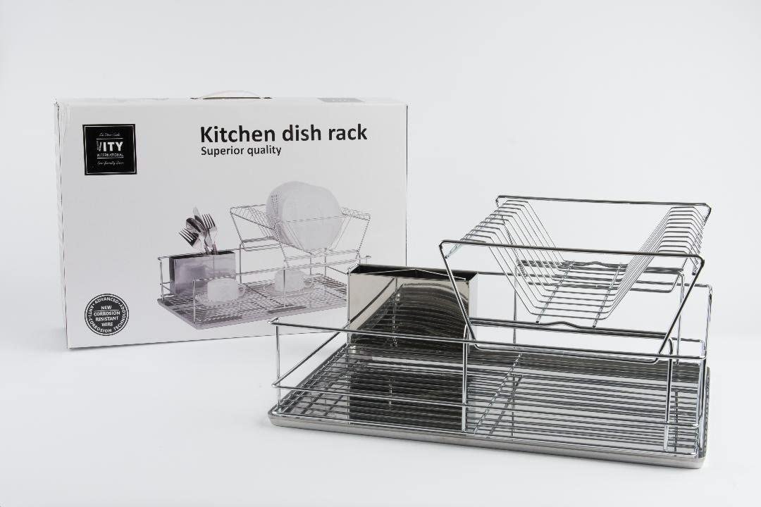 ITY 2-Tier Stainless Steel Dish Drying Rack with Chrome Drain Tray - Space Saving Kitchen Organizer for Countertop, Sink & Small Spaces