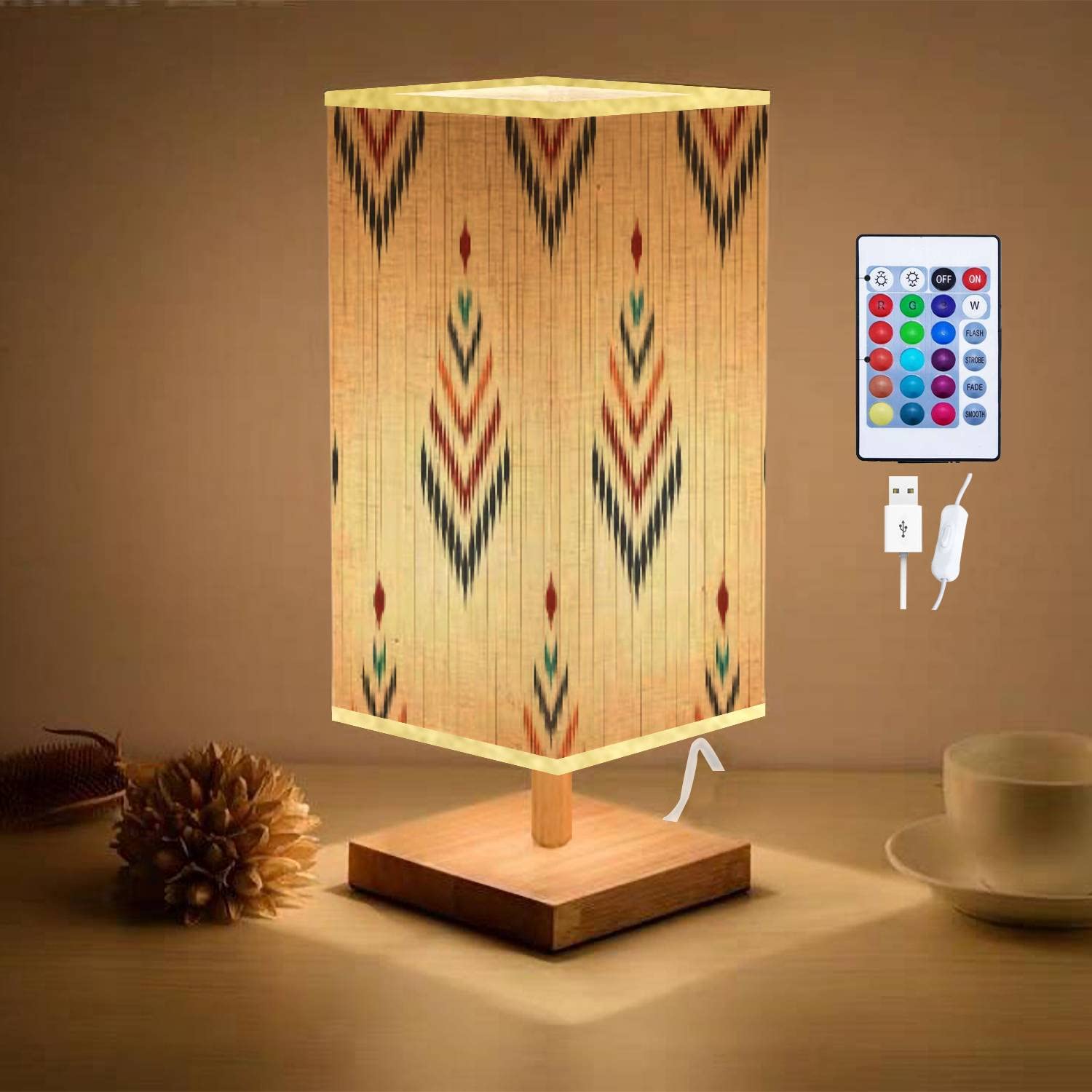 Ethnic Abstract Ikat Table Lamp with Wooden Base & Flaxen Fabric Shade - Dimmable Bedside Nightstand Lamp for Bedroom, Living Room | Tribal Folk Embroidery Design | Perfect for Reading, Relaxing & Home Decor