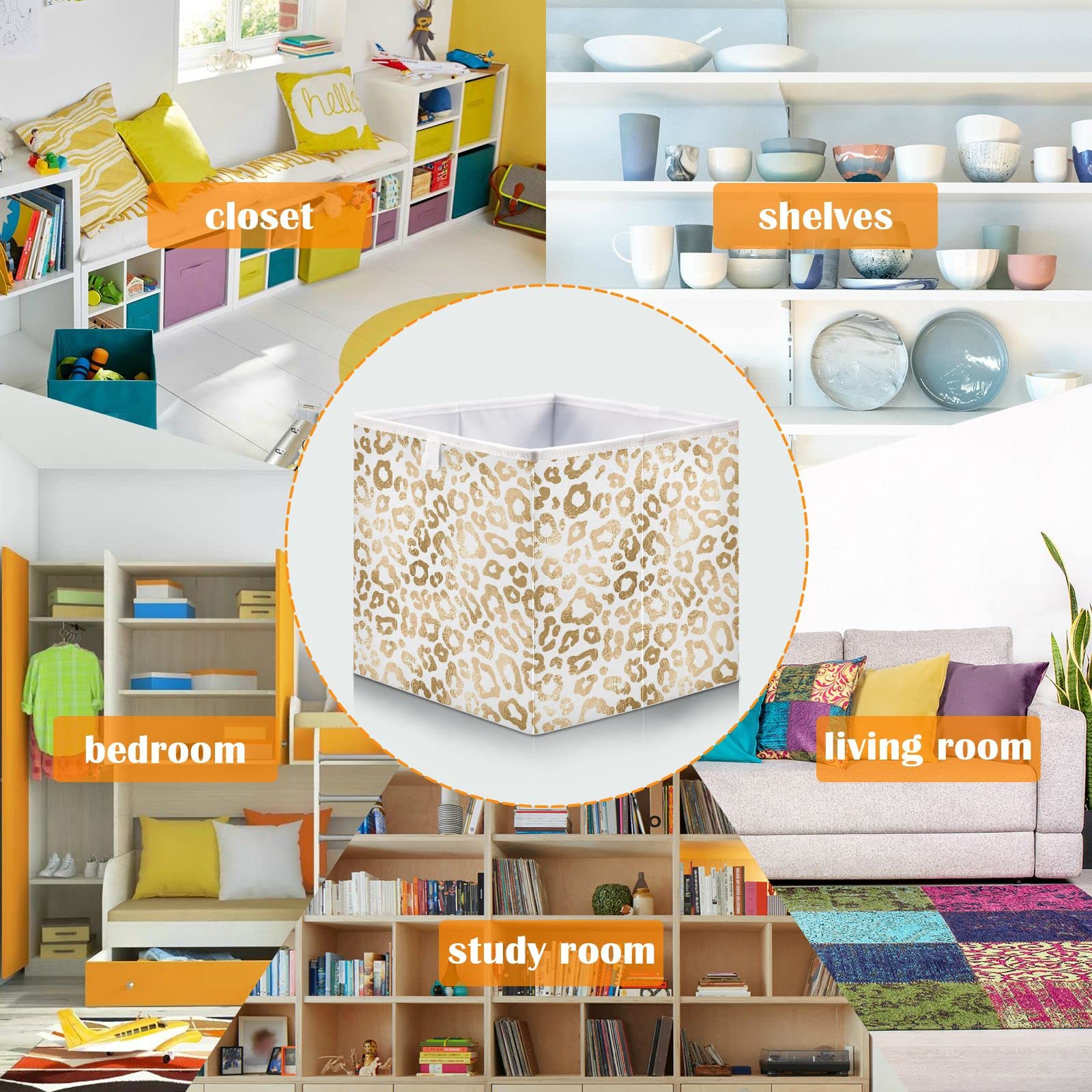 Golden Leopard Foldable Storage Baskets - 11x11 Inch Collapsible Fabric Bins for Shelves | Organize Toys, Baby Clothes, Pantry & Bathroom | Perfect for Nursery, Home & Office Organization