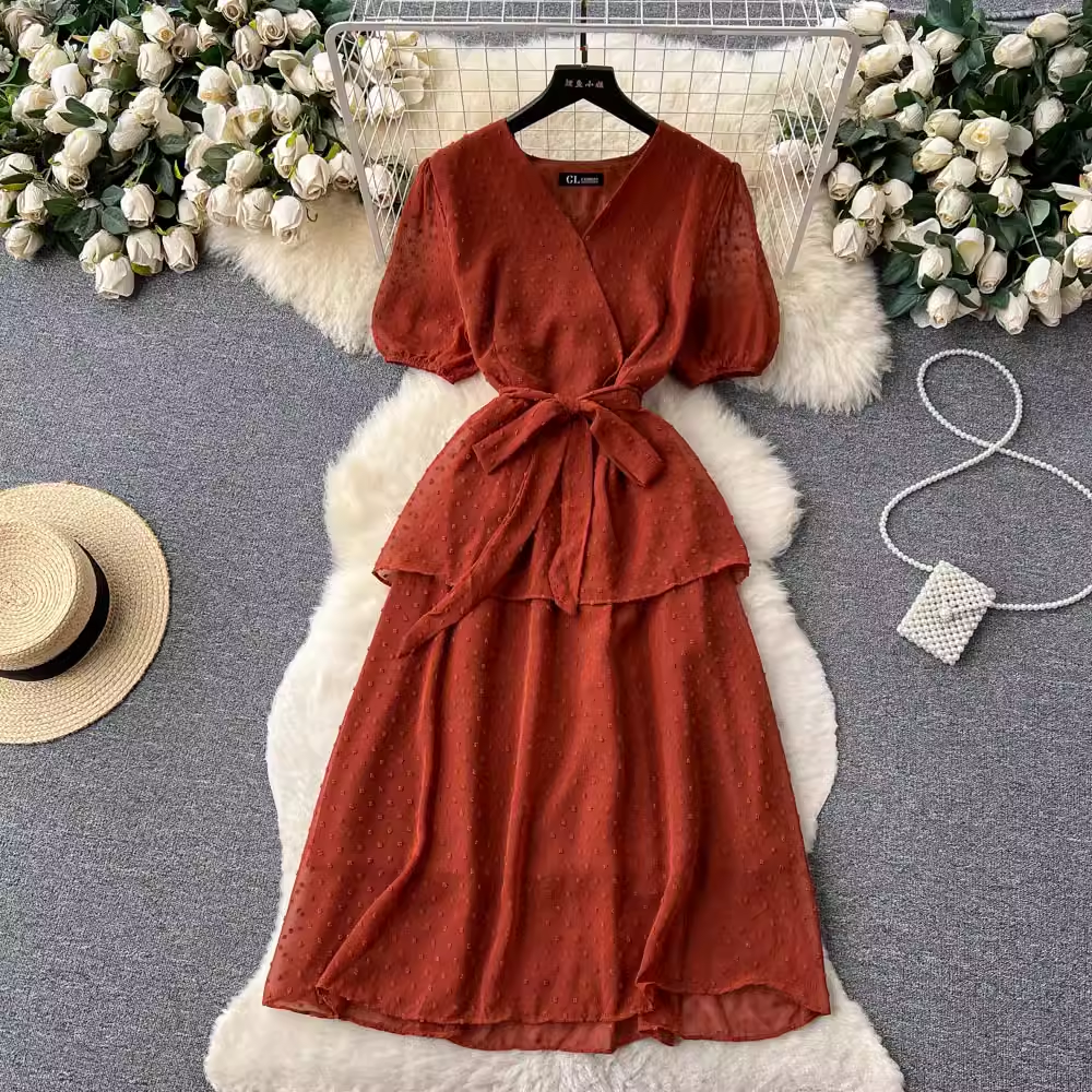 French V-Neck Puff Sleeve Summer Dress - Sweet Flowy Skirt for Women | Perfect for Beach Vacations, Date Nights & Outdoor Parties