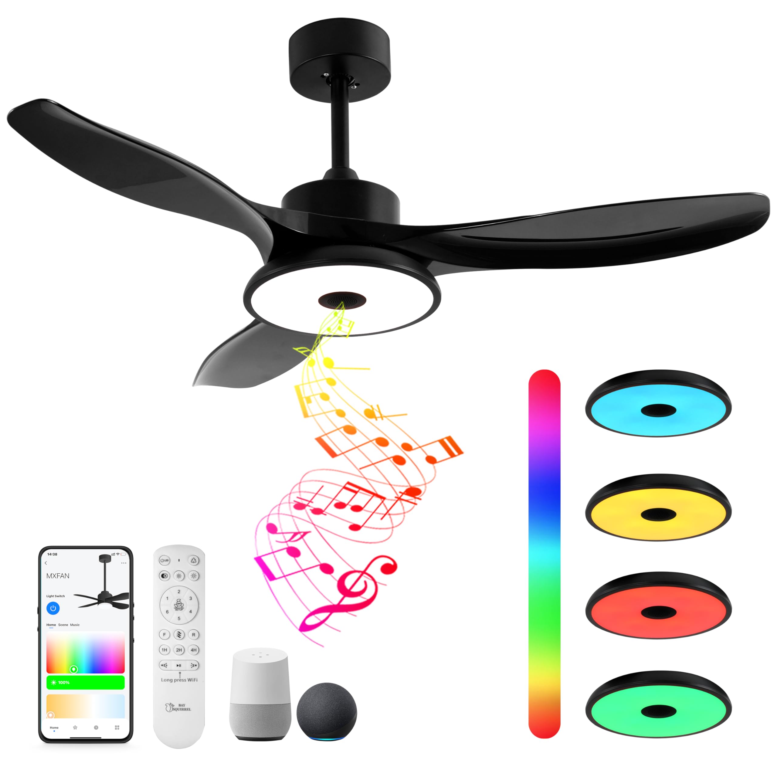 Smart WiFi Flush Mount Ceiling Fan with Lights - Bluetooth Speaker, Remote/APP/Alexa Control, Dimmable RGB Light, Low Profile 6-Speed Reversible Blades for Bedroom, Kitchen & Living Room - Perfect for Home Cooling and Ambient Lighting