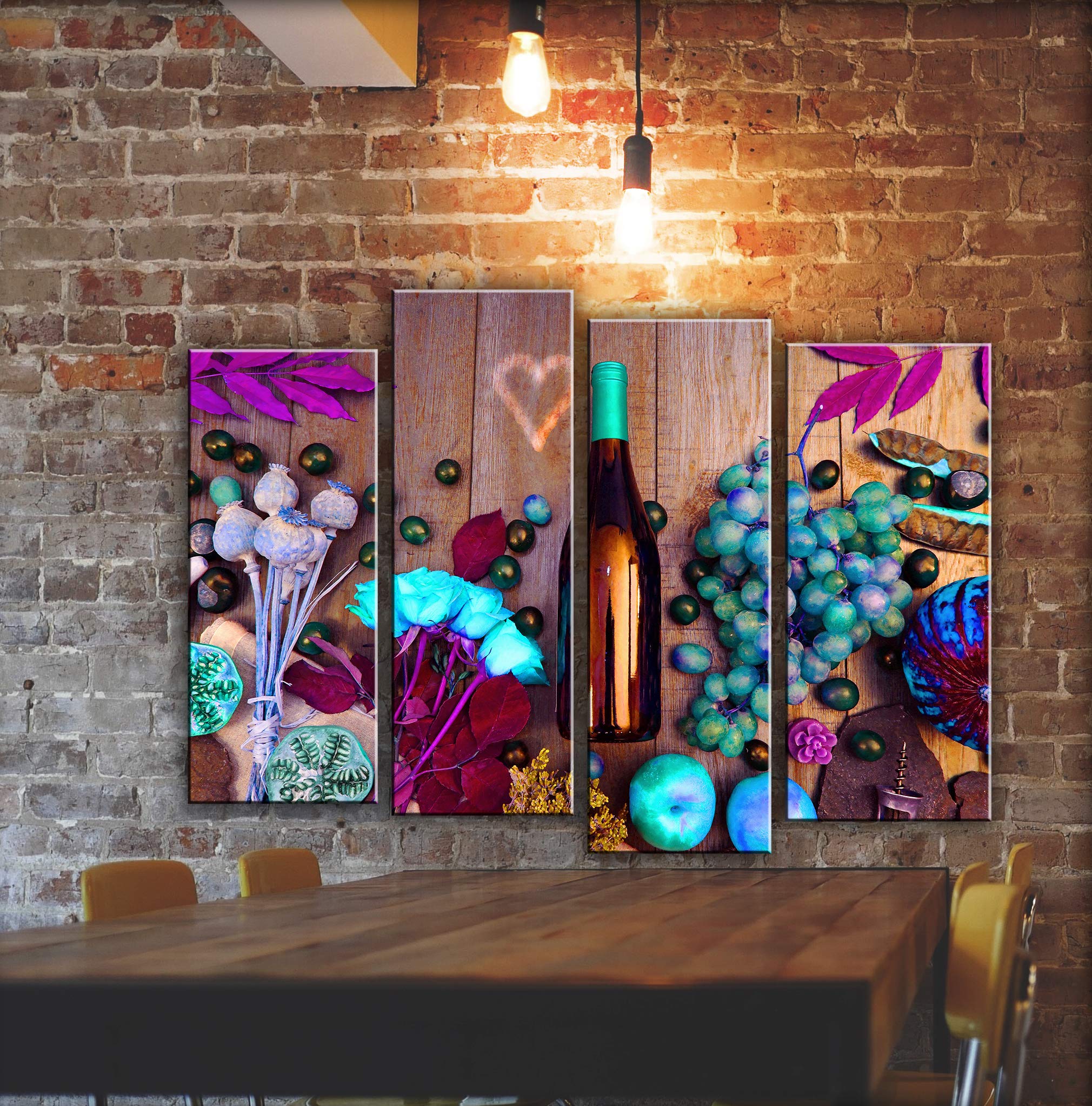 4-Piece Wine Bottle Wall Art Canvas Print Set - Kitchen & Dining Room Decor - Still Life Flower Painting Poster (32x44 Inches) for Home, Bar, Restaurant & Office Wall Decoration