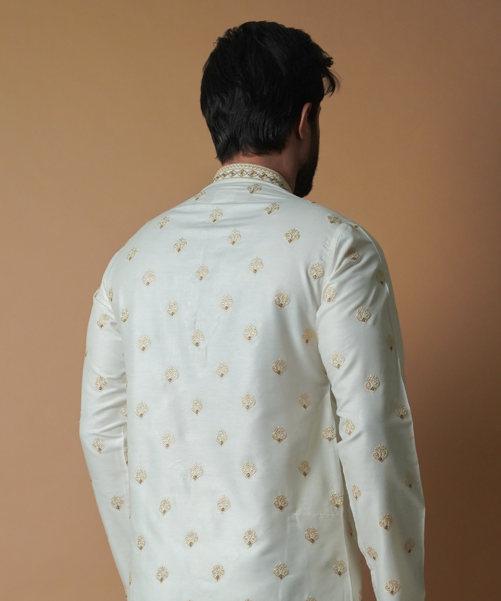 Cream & Gold Motif Embroidered Kurta Pants Set - Premium Cotton Silk Blend for Women | Elegant Ethnic Wear for Festivals, Weddings & Special Occasions