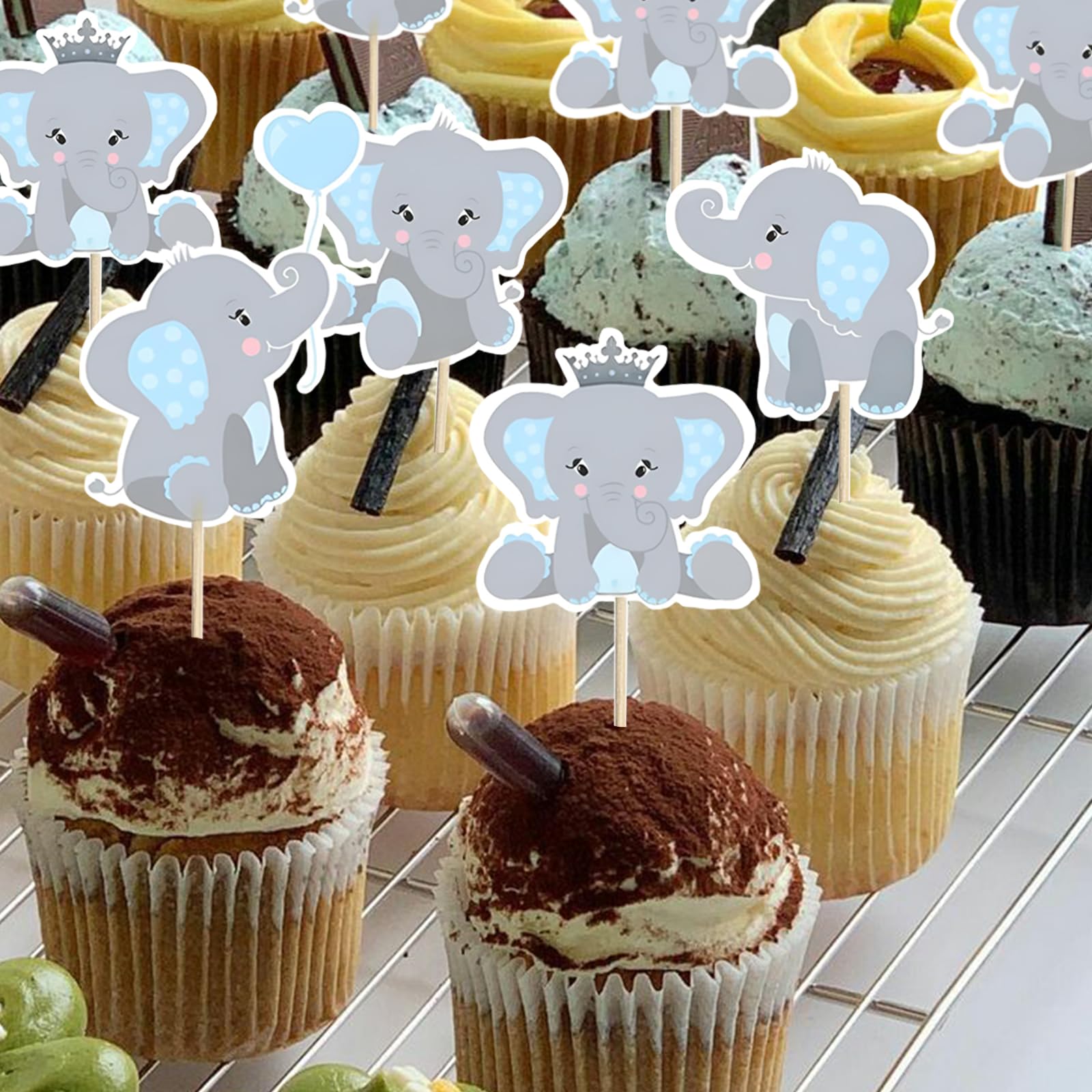 48Pcs Blue Elephant Cupcake Toppers for Baby Shower & Birthday Party Decorations - Double Sided Boy Baby Shower Supplies - Perfect for Baby Boy Theme Parties, Gender Reveals & 1st Birthday Celebrations