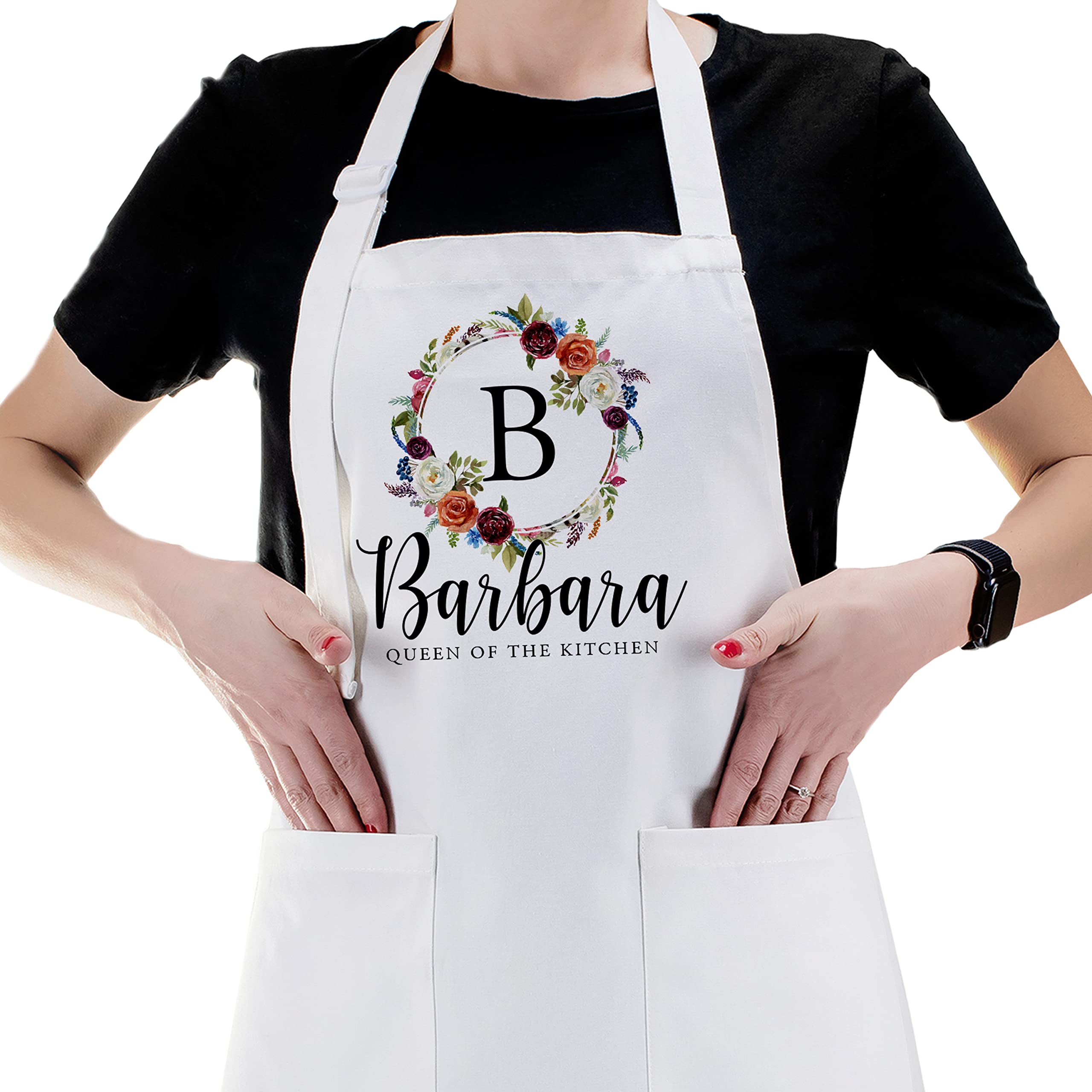 Personalized Floral Initial Kitchen Apron with Pockets - Custom Chef Cooking Apron for Women, Baking, BBQ, Grilling - Funny & Unique Gift Idea for Mom, Wife, Bakers - Perfect for Home Cooking, Outdoor BBQ, and Kitchen Decor
