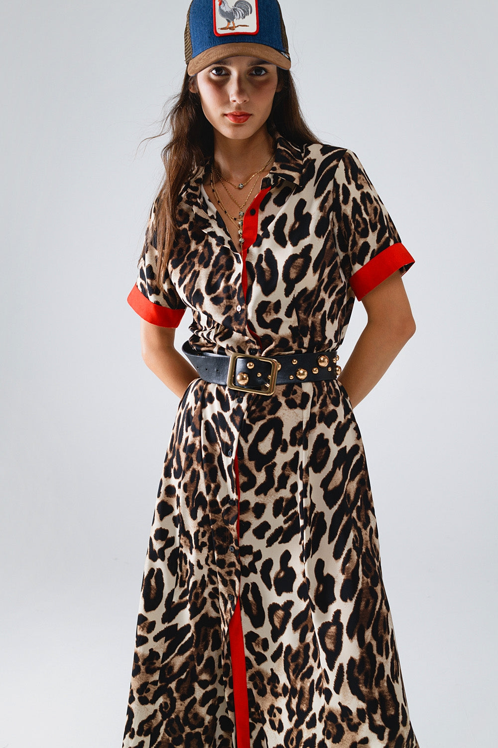Leopard Print Long Button-Down Robe with Red Accents - Elegant Loungewear for Women, Perfect for Spa Days, Relaxing at Home, or Bridal Party Gifts