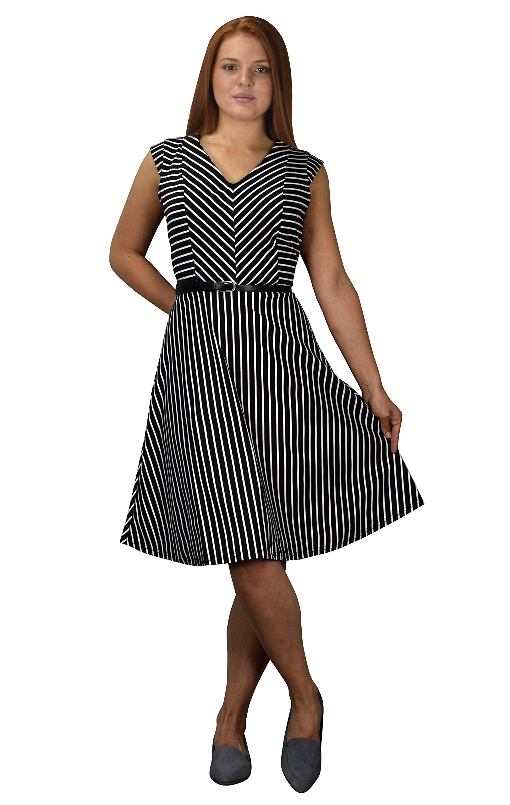 Vintage Inspired Striped Retro A-Line Cocktail Dress with Belt Tie - Perfect for Parties, Weddings & Special Occasions