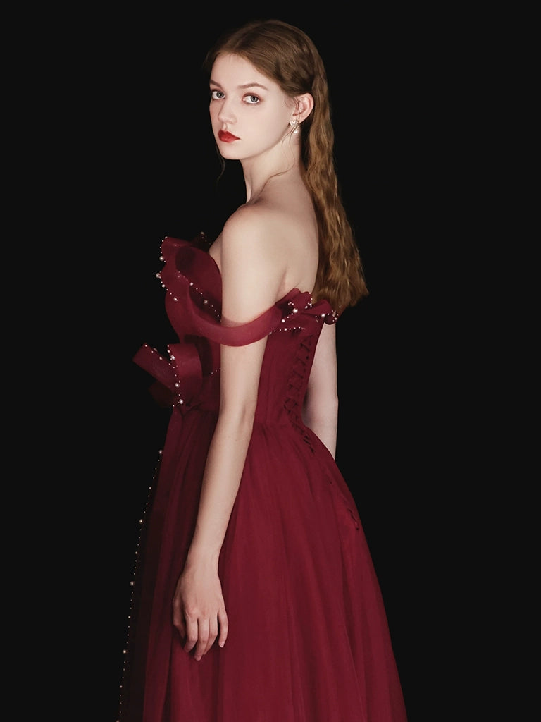 Elegant A-Line Tulle Beads Burgundy Long Prom Dress & Evening Gown for Formal Events, Homecoming, Weddings, and Special Occasions