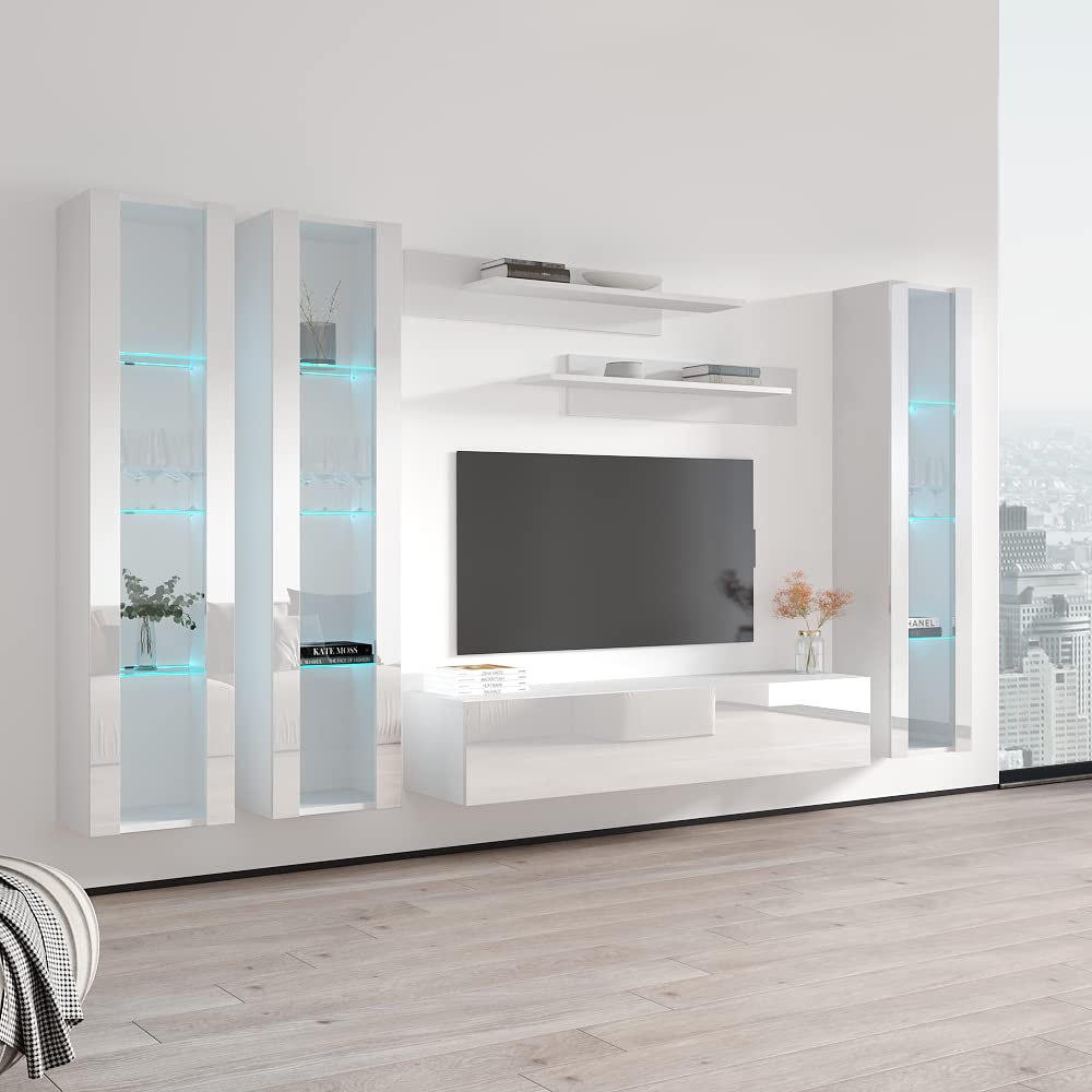Modern Floating TV Stand with Storage & LED Lights - Wall-Mounted Entertainment Center for Bedroom & Living Room - White TV Console with Shelves - Perfect for Small Spaces & Home Theater Setup